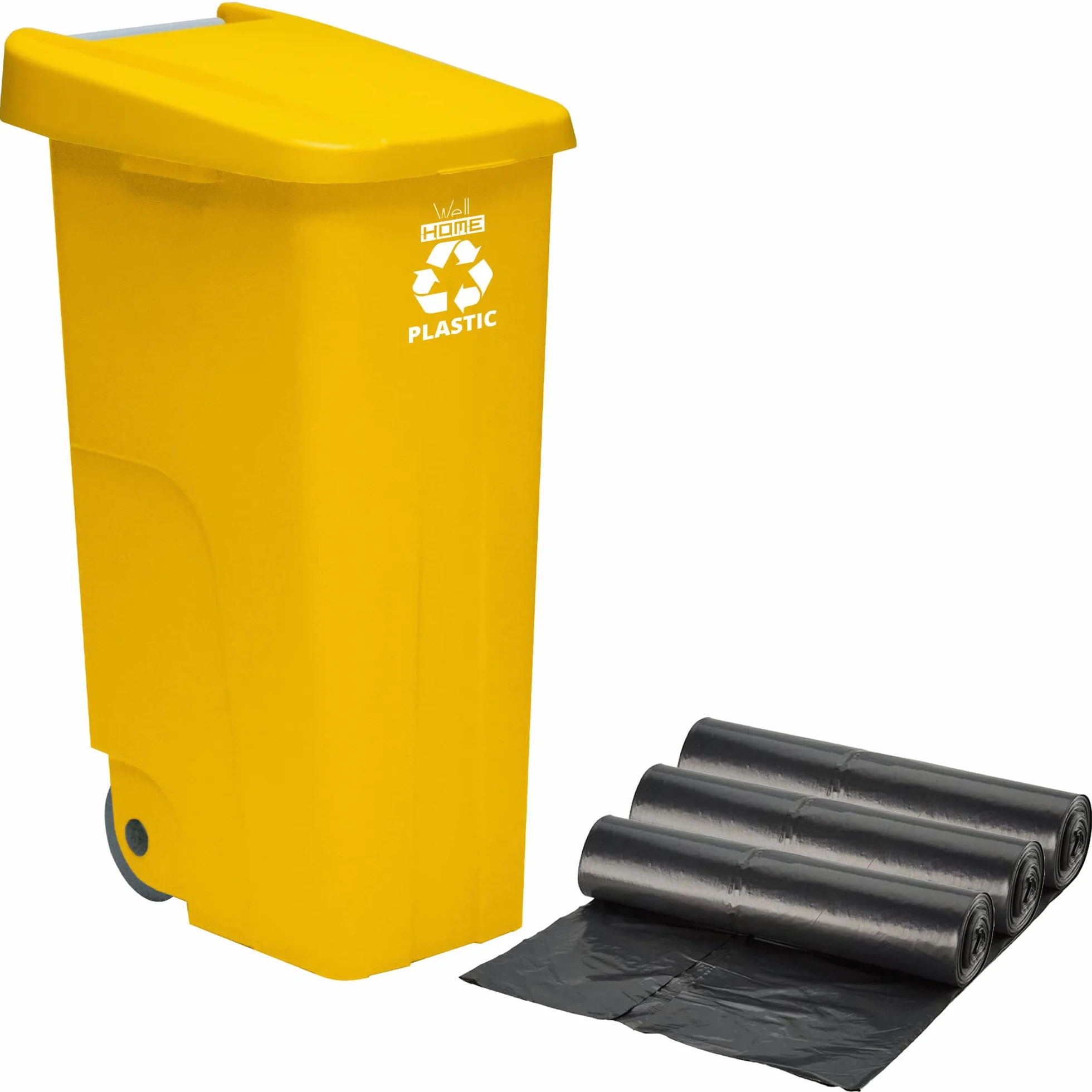 WELL HOME MOBILIARIO & DECORACIÓN Contenedor Wellhome Reciclo 110 litros, Cerrado con Tapa, Ideal para Reciclaje de plásticos, con Ruedas + 3X Bolsas de Basura de 10 Unidades, Amarillo