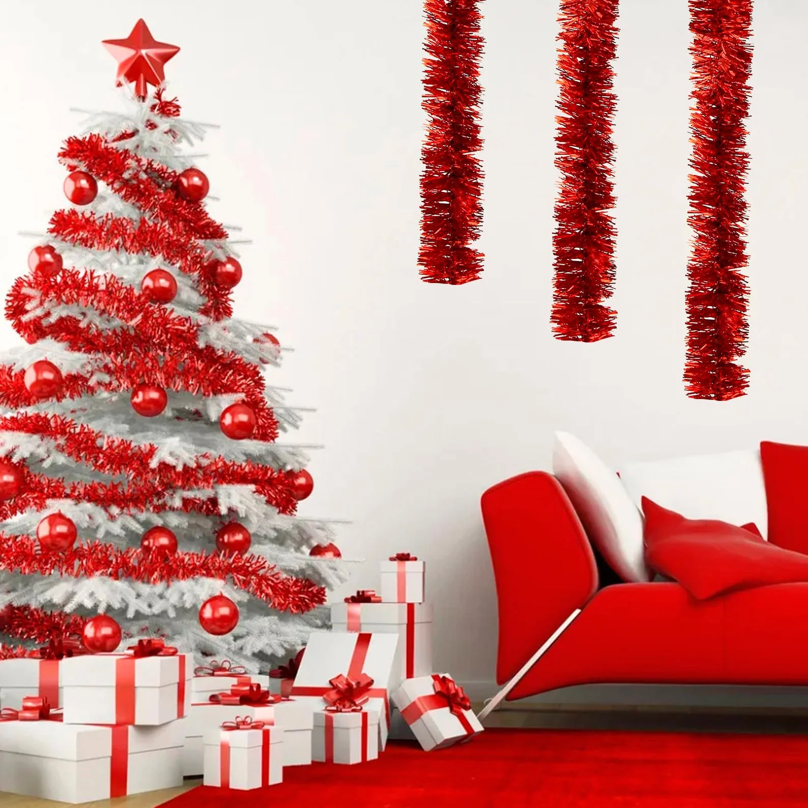 10 m de espumillón para árbol de Navidad rojo, guirnalda de Navidad, decoración de árbol de Navidad, guirnalda roja para árbol de Navidad, decoración navideña para exteriores (rojo)