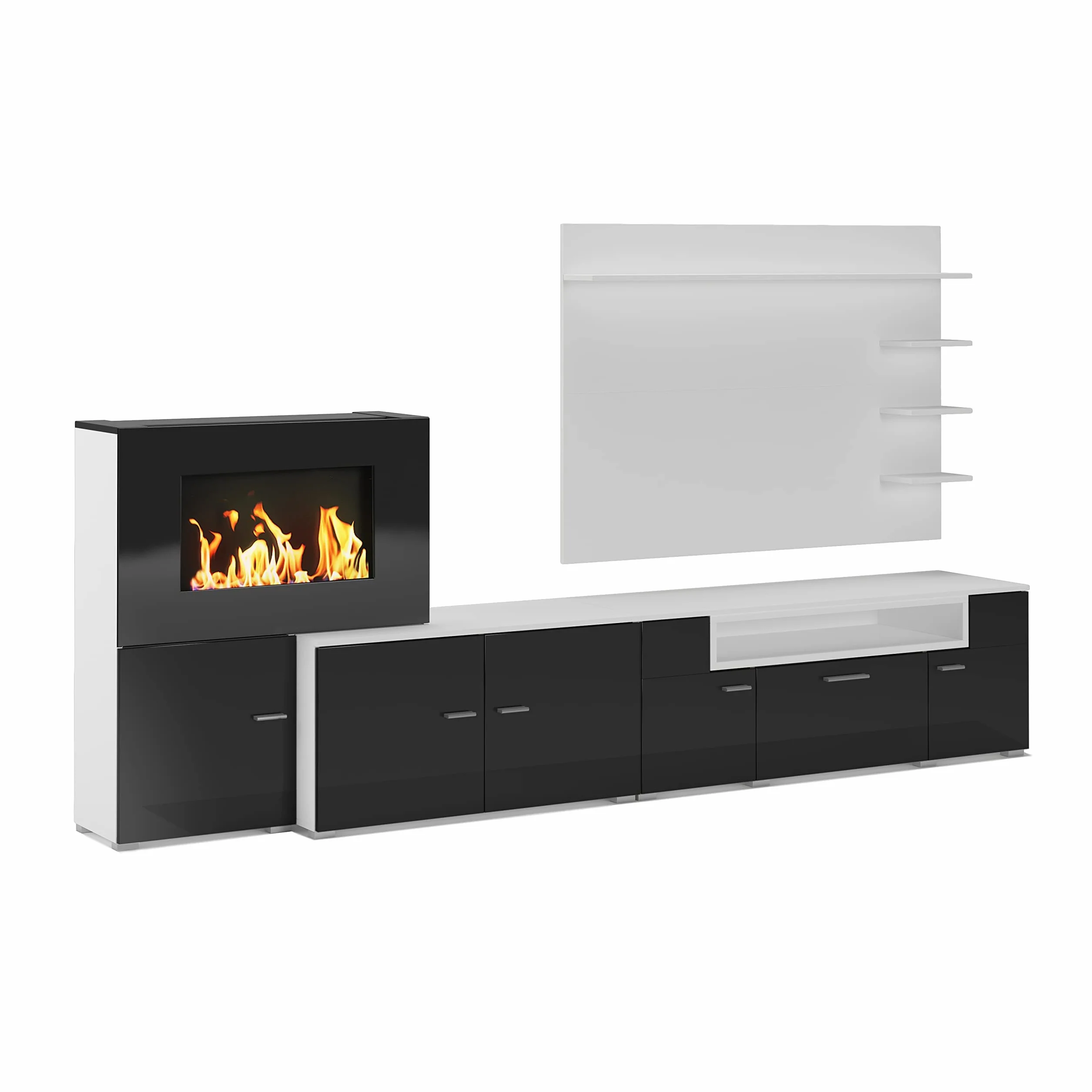 Comfort Home Innovation - Mueble de salón con Chimenea eléctrica con 5 Niveles de Llama, Acabado Blanco Mate y Lacado Blanco Brillante, Medidas: 290 x 170 x 45 cm de Profundidad