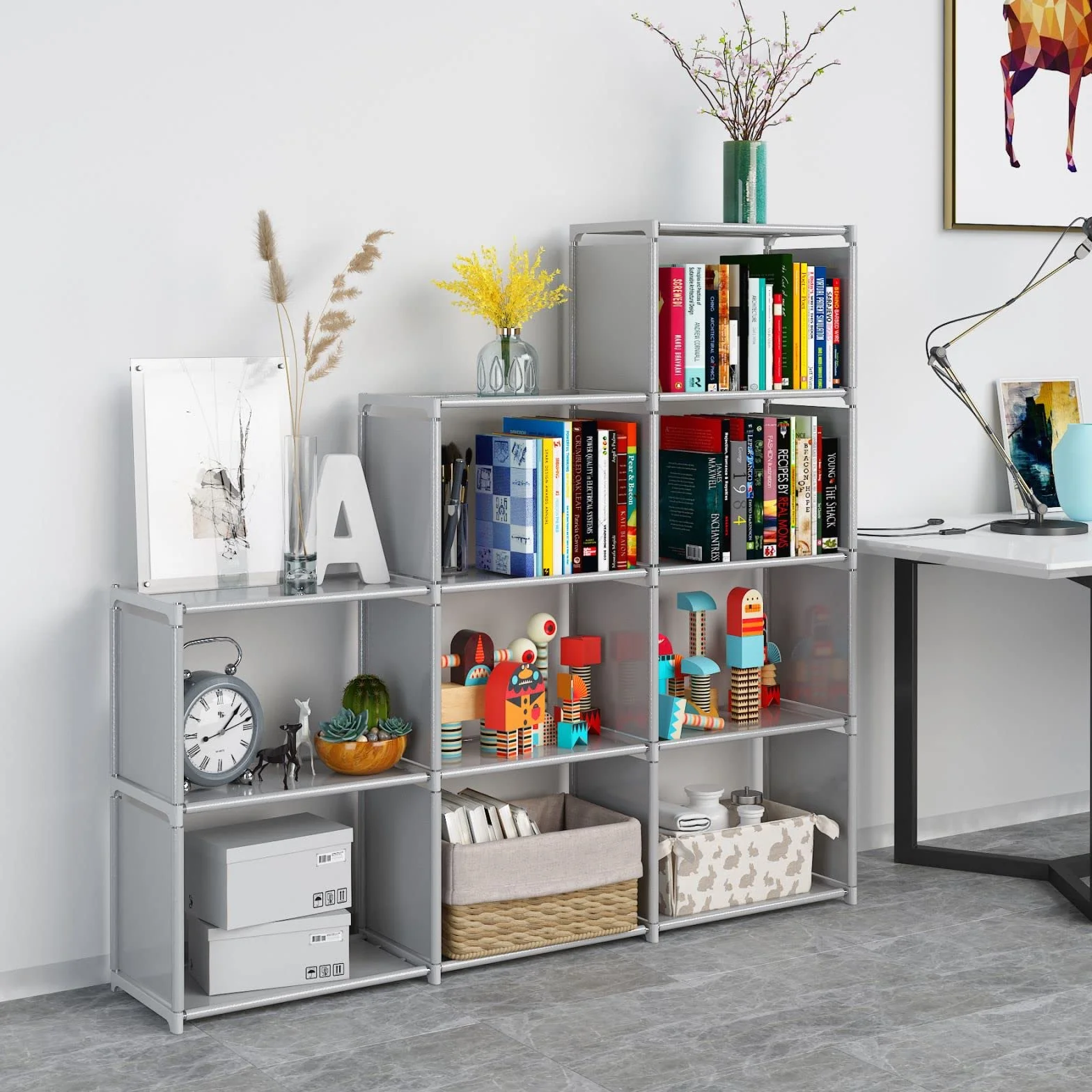 JIUYOTREE Organizador de Almacenamiento de Armario 9 Cubos Modulares Estantería Duradera Gran Capacidad Gris