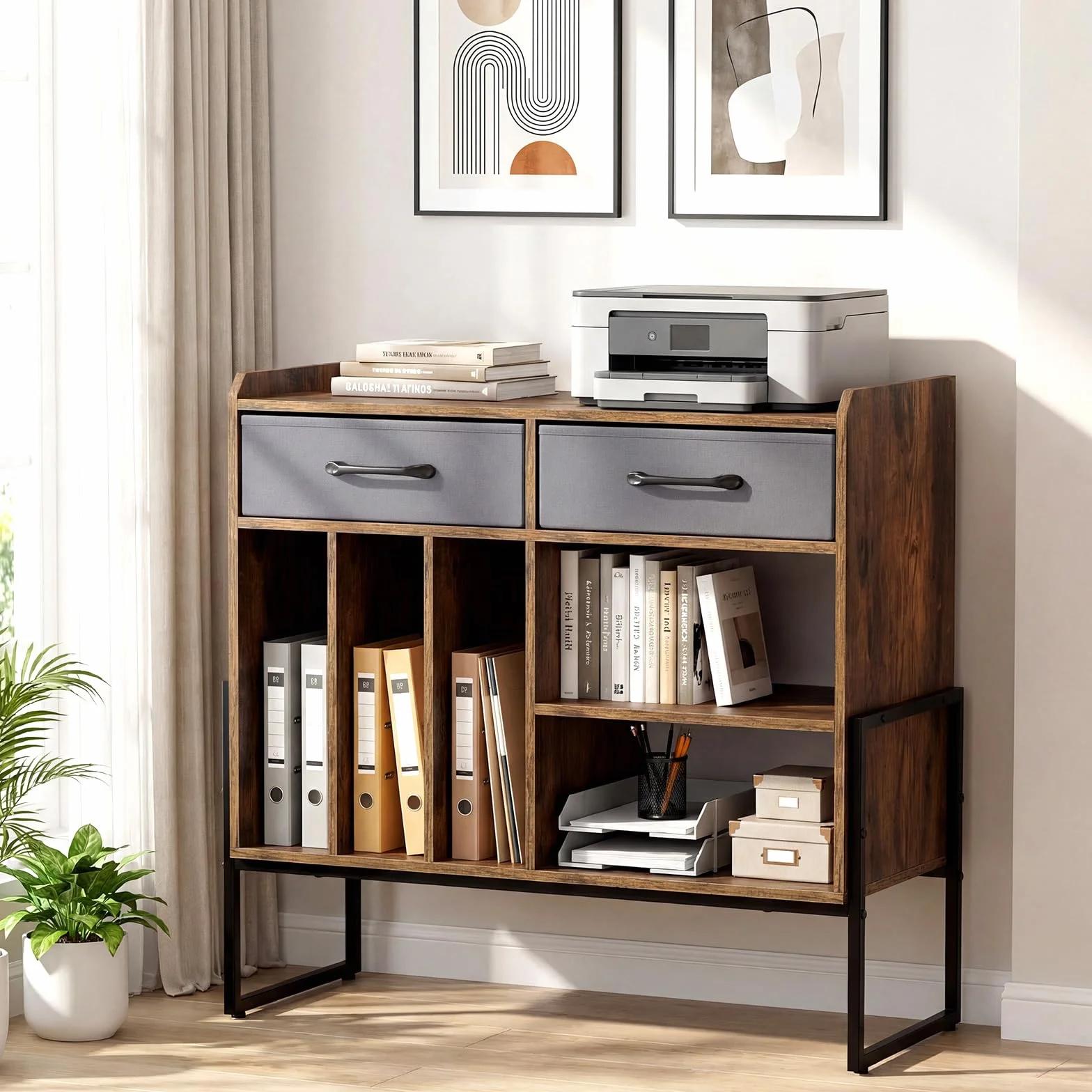 COSTWAY Mueble para Tocadiscos y Vinilos con Estación de Carga, 5 Compartimentos, 76x35,5x68,5 cm