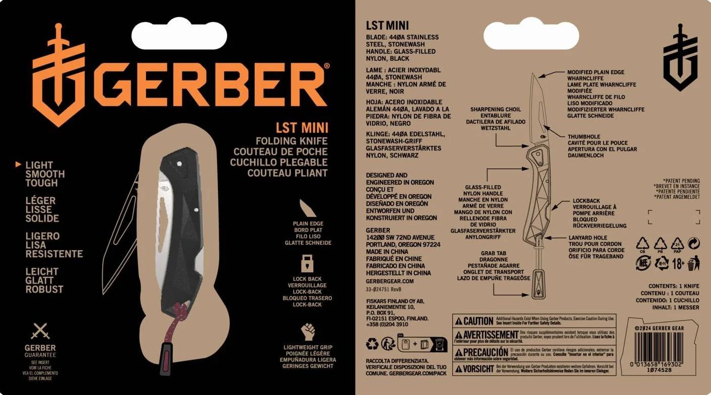 Gerber Navaja de bolsillo con cordón, LST Mini, hoja de acero inoxidable 440A Wharncliffe, escamas del mango de nylon reforzado con fibra de vidrio, longitud de la hoja: 4,8 cm, negro, 1074528