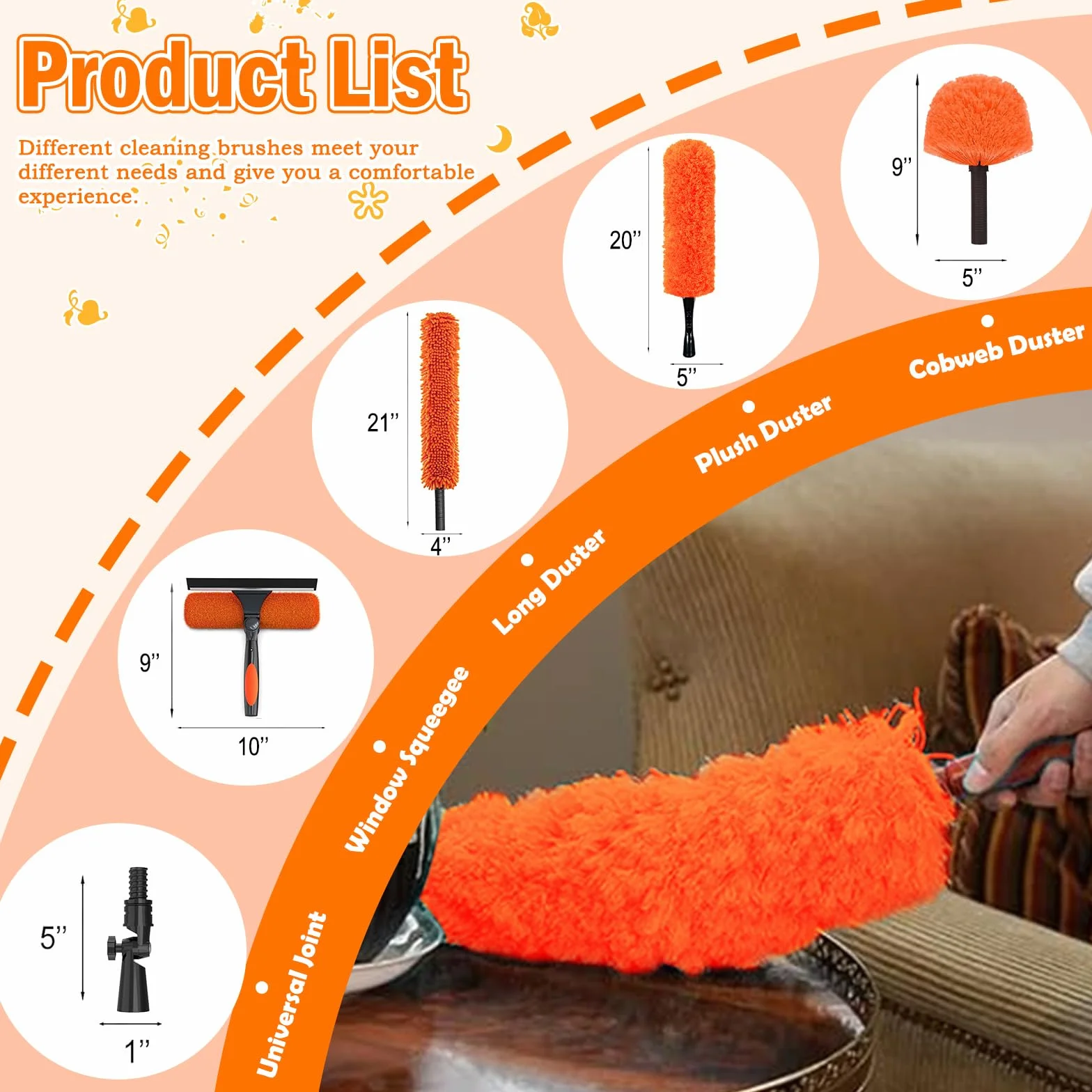 LAANPOLE Kit de Limpieza y Plumero de Gran Alcance 7,2m con Pértiga de Extensión, Herramienta para Limpiar Aspas de Ventilador de Techo, Kit de Limpieza de Cristales con Plumero