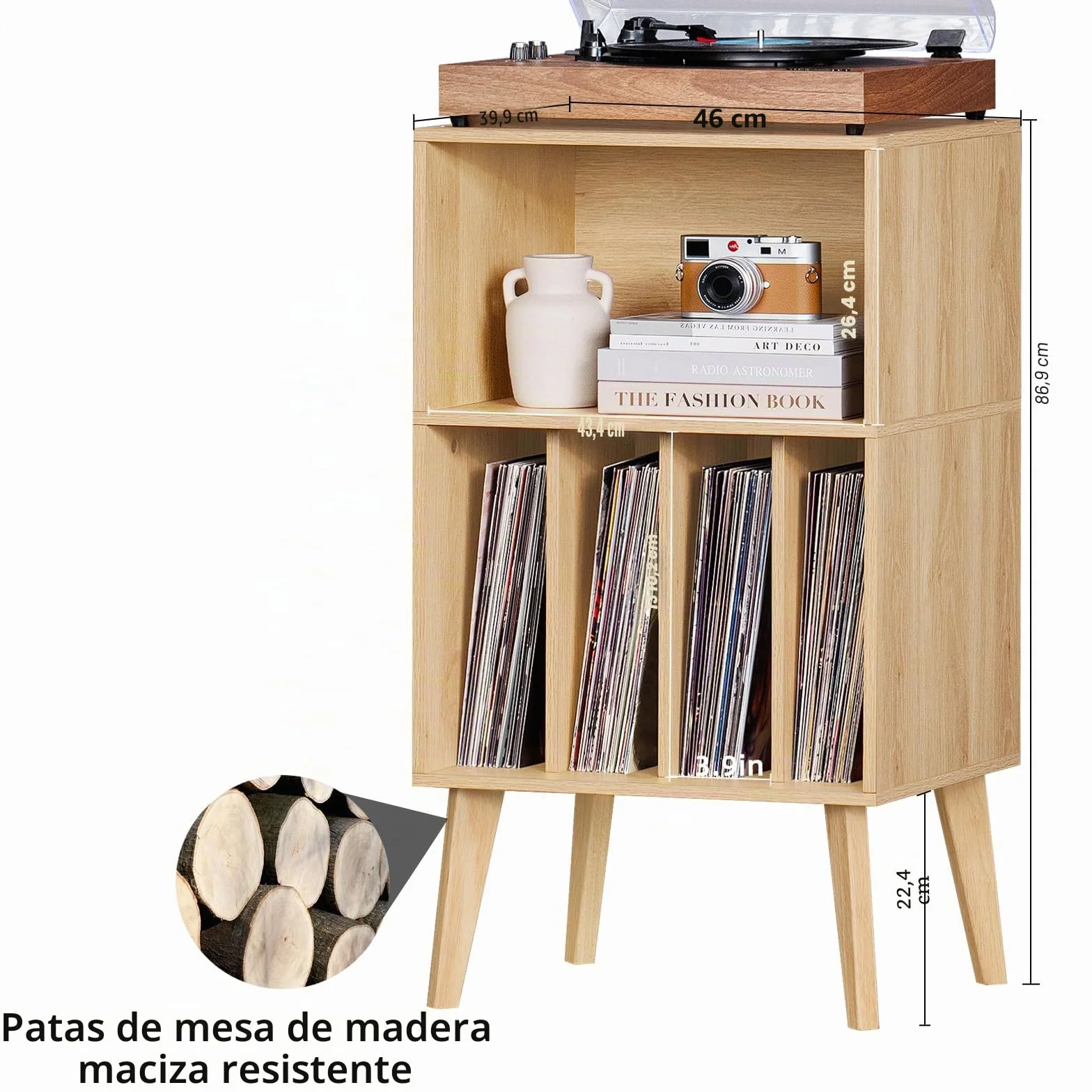 Soporte para tocadiscos Mid-Century con patas de madera, almacenamiento para 160 álbumes, mesa auxiliar natural