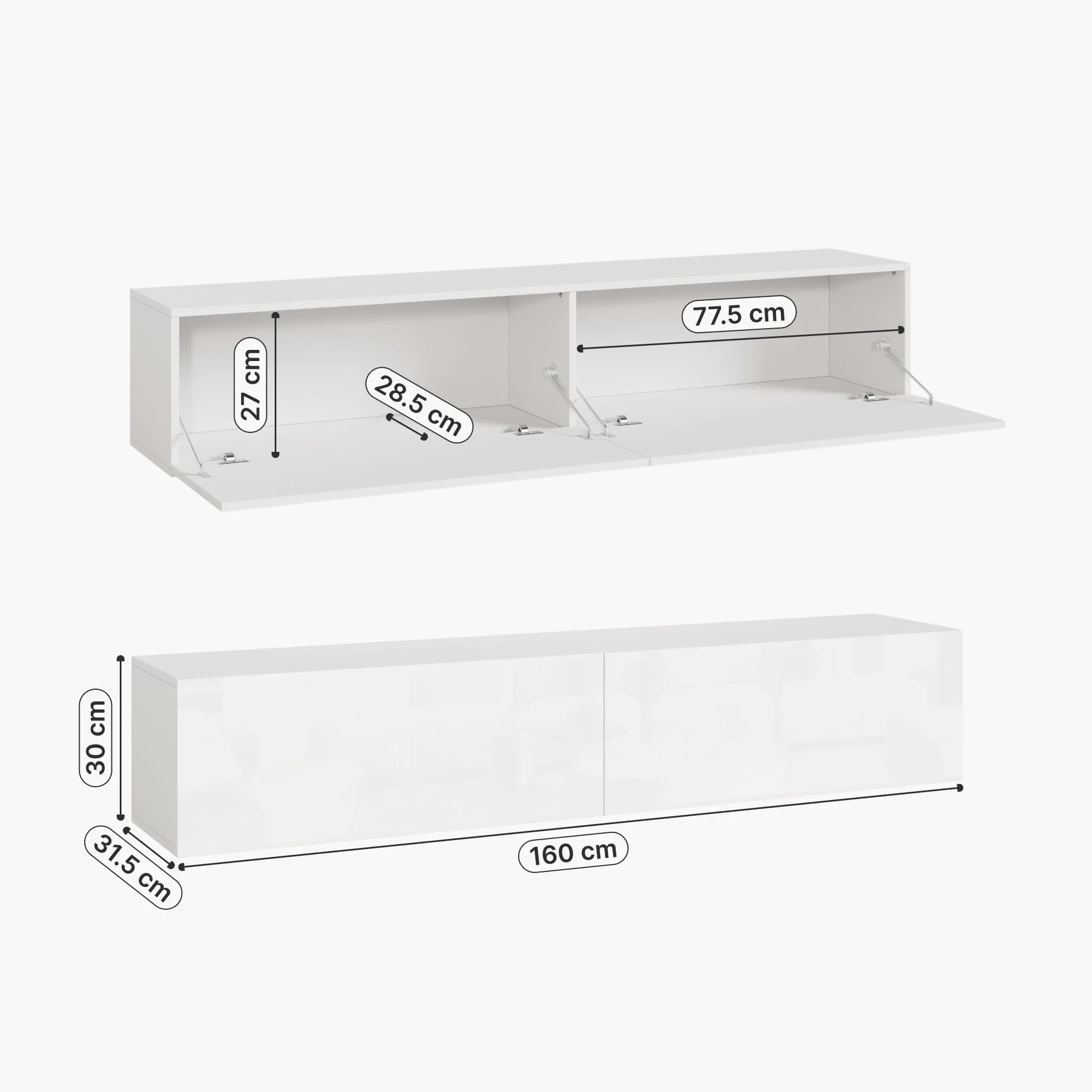 [en.casa] Mueble de TV Evaton Armario Flotante Estantería de Pared con 2 Compartimentos Consola de Entretenimiento Multimedia 160 x 32 x 30 cm - Blanco Alto Brillo