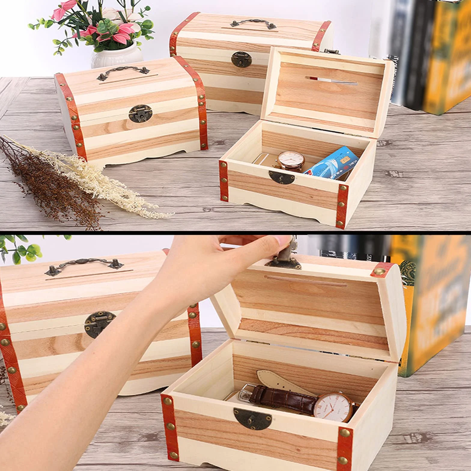 Alcancía Madera, Hucha con Cerradura,Cofre del Tesoro Vintage de Madera con Cerradura, para Almacenamiento, Hobby, Conservación
