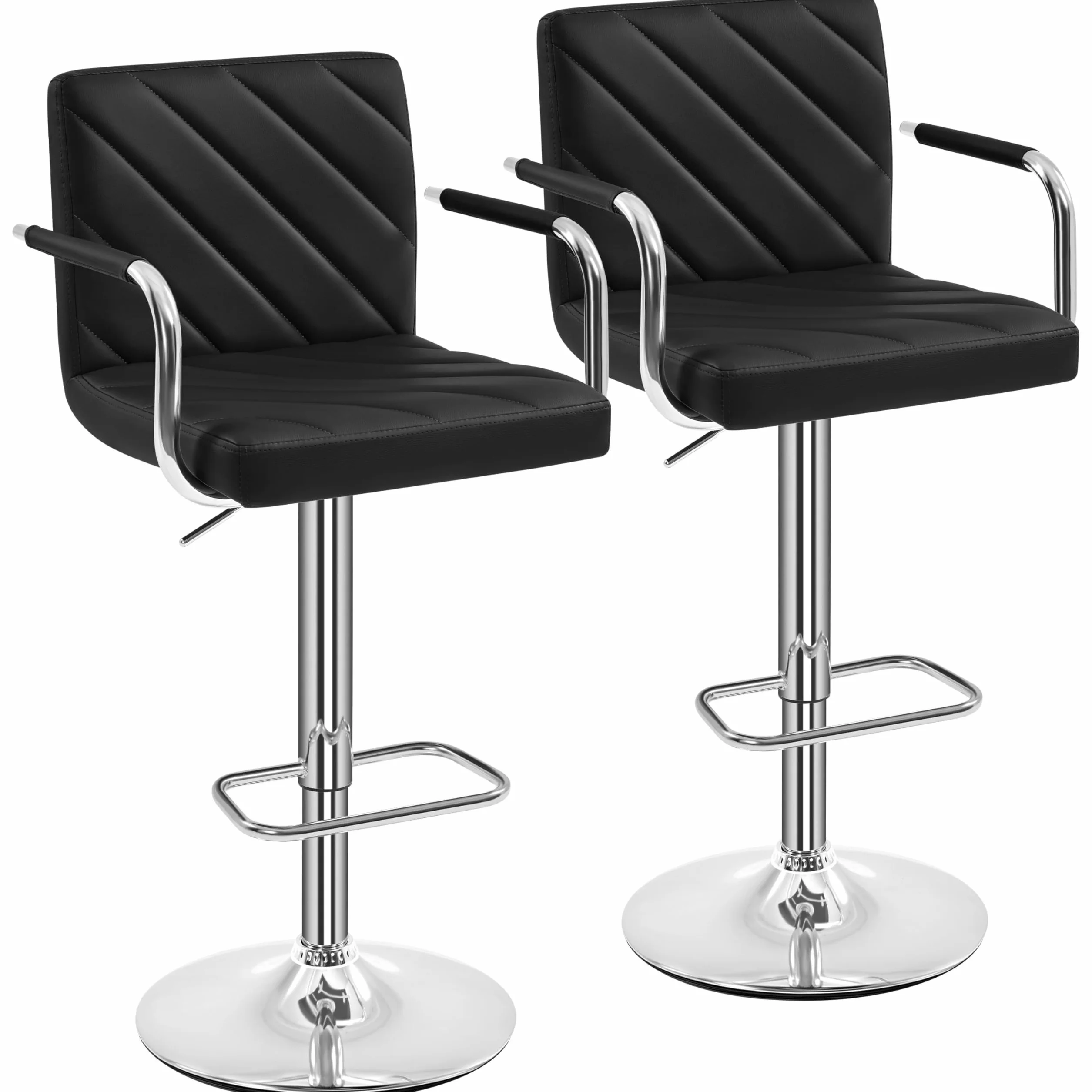 Yaheetech Juego de 2 Taburetes de Bar de Polipiel Sillas de Bar Giratorias de Altura Ajustable con Respaldo Reposapiés Reposabrazos para Bar Cocina Hogar Negro