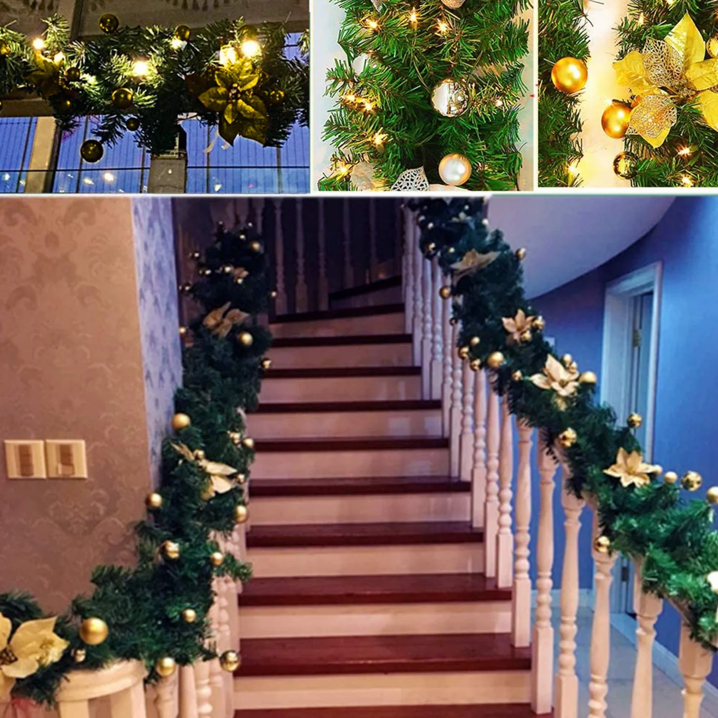 Guirnalda de Navidad con luces LED, 2,7 m (2,7 m), corona de Navidad de ratán artificial, guirnalda colgante para puerta delantera, guirnalda para colgar en la puerta delantera, para chimeneas
