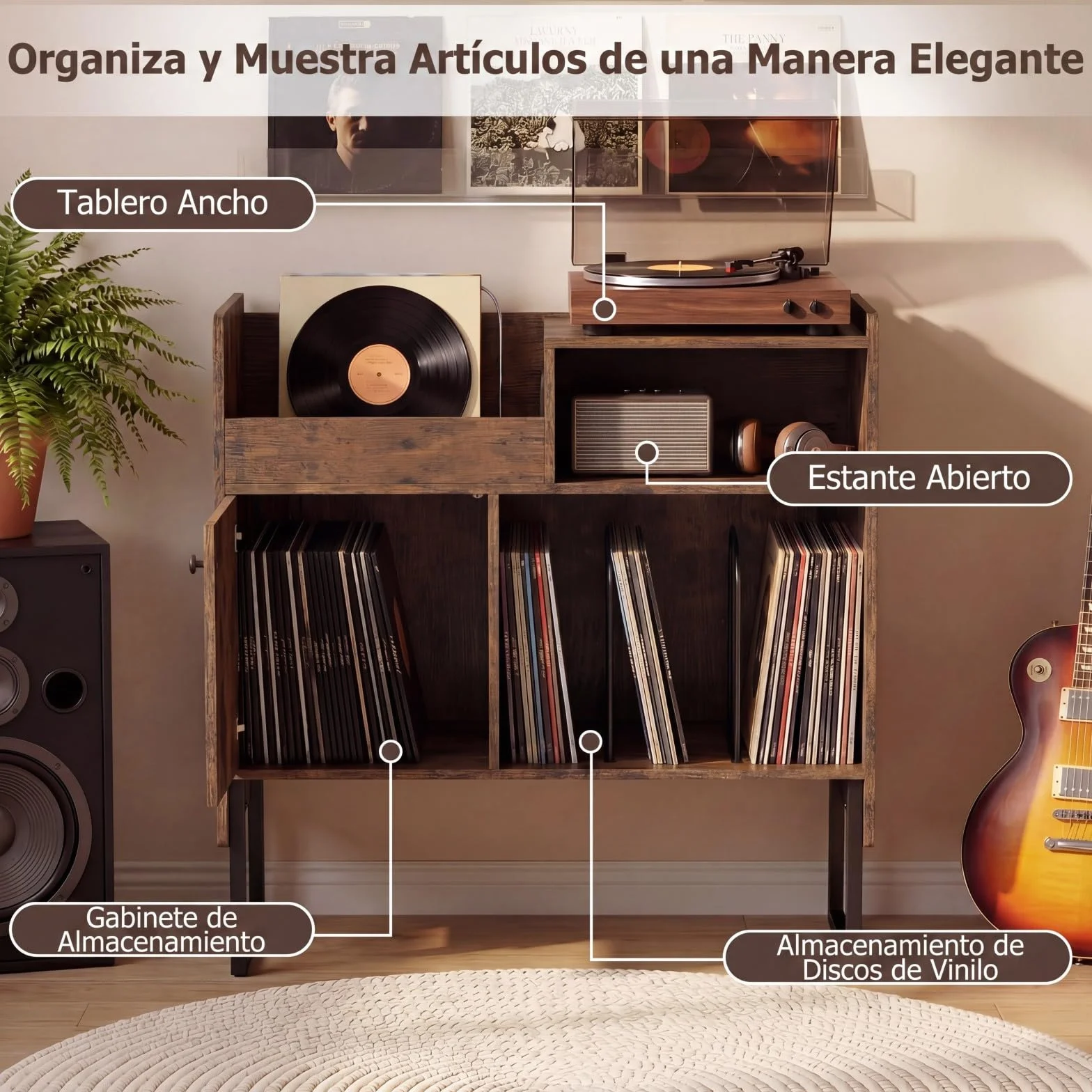 COSTWAY Mueble para Tocadiscos con Almacenamiento de Vinilos, Soporte Industrial, 80 x 35,5 x 85,5 cm
