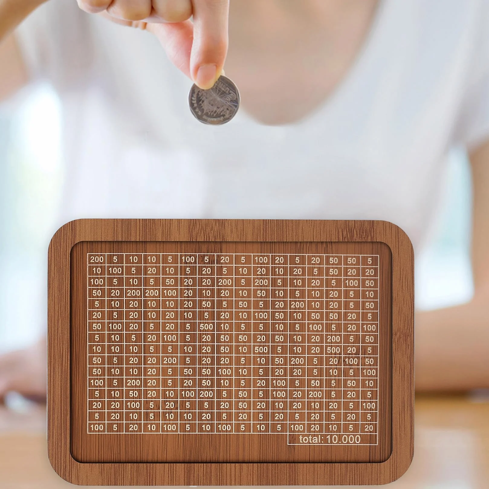 Hucha de madera, hucha de madera, con contador, banco para billetes, monedas con objetivo de ahorro y cifras, reutilizable para niños, Sparziel 10000
