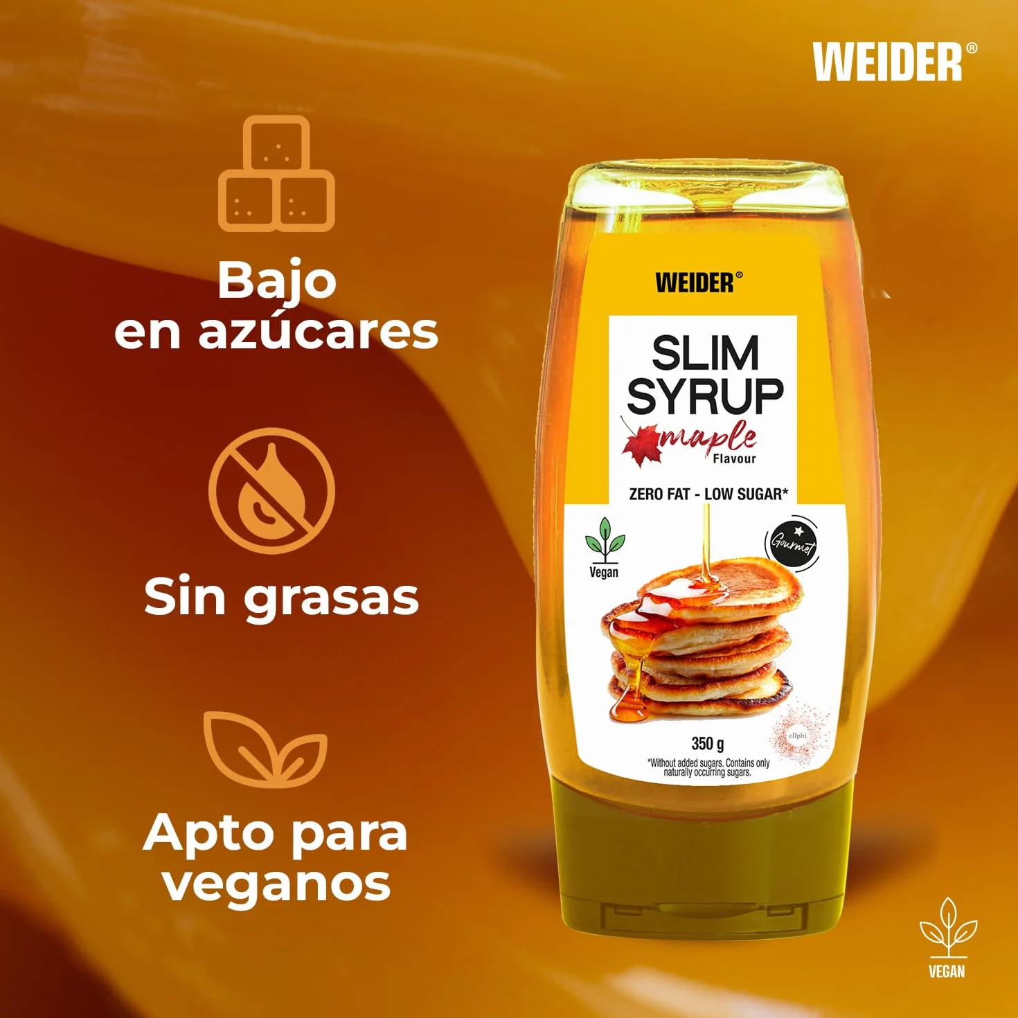 Weider Slim Syrup Maple 350g Cero Grasas Cero Azúcares Vegano Sabor Sirope de Arce