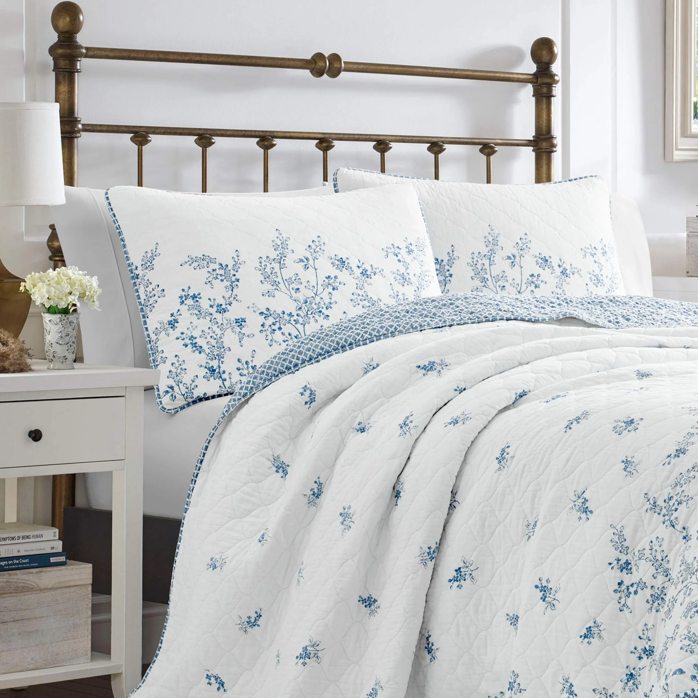 Laura Ashley Juego de edredón, 100% algodón, Azul, tamaño King