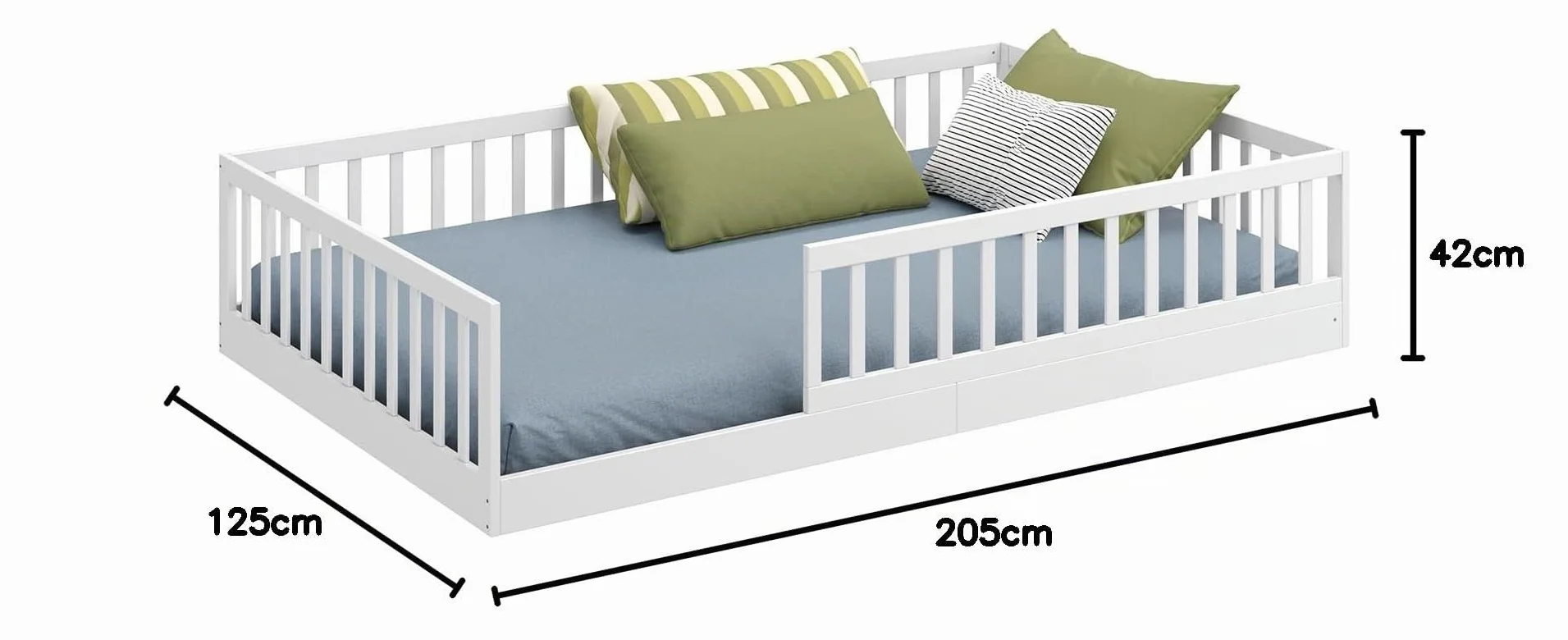 CADANI Timi 2en1 Cama Infantil al RAS del Suelo 120x200 cm Montessori con Barrera anticaída Desmontable, Incluye somier, Pino Macizo, Blanco - 3 Variantes de Montaje, hasta 200 kg, Convertible