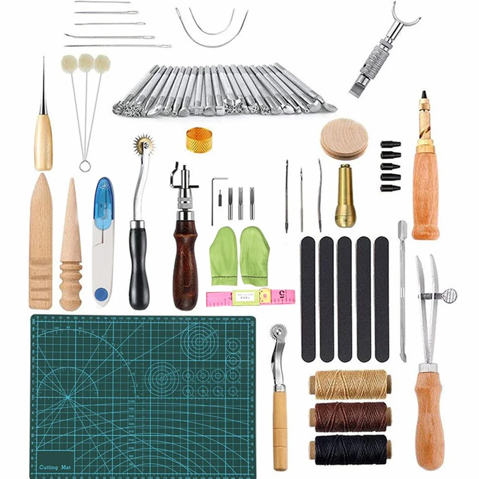 Generic Kit de Costura de Cuero de 50 Piezas - Herramientas Manuales Versátiles para Manualidades de Bolsos y Zapatos de Cuero - Ideal para Principiantes y Profesionales - Incluye Materiales de