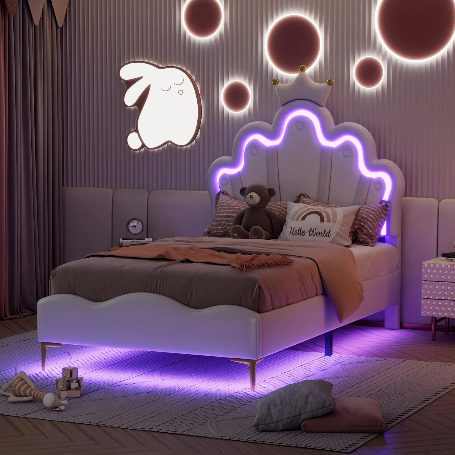 BRILVERDE Cama de Niña 90x200 con LED, Cama Princesa con cabecera coronada, Marco con somier de láminas, para niñas, para niños y adolescentes, PU (blanco, 90x200 cm)