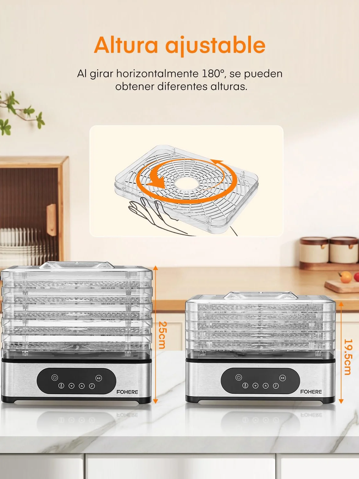 Deshidratador de Alimentos FOHERE 420W 5 Bandejas Inox Pantalla LED Temporizador Temperatura 35-70°C