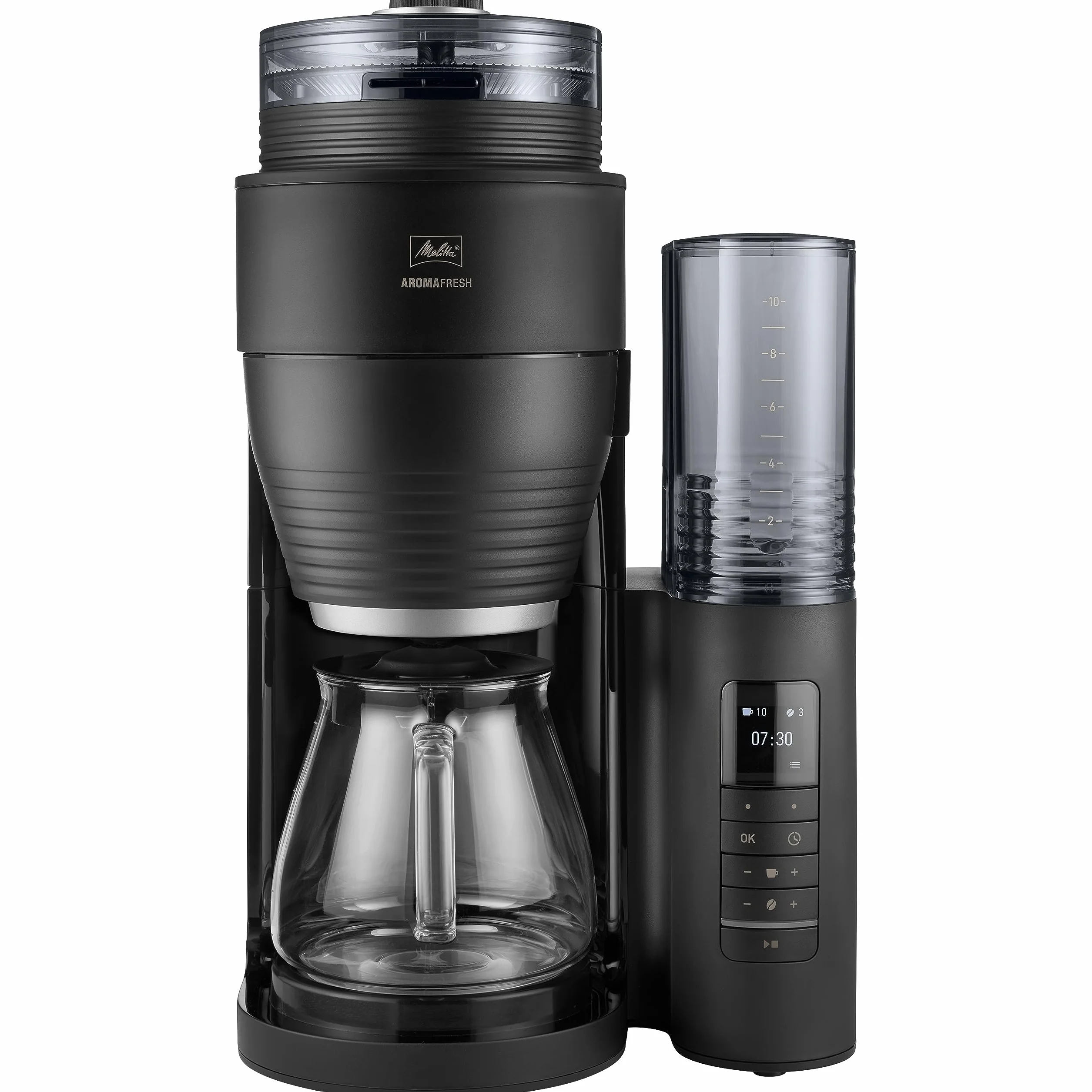 Melitta AromaFresh Pro X - Cafetera de goteo con molinillo integrado, cafetera de filtro con jarra térmica y depósito de agua extraíble, máquina de café para hasta 10 tazas, negro
