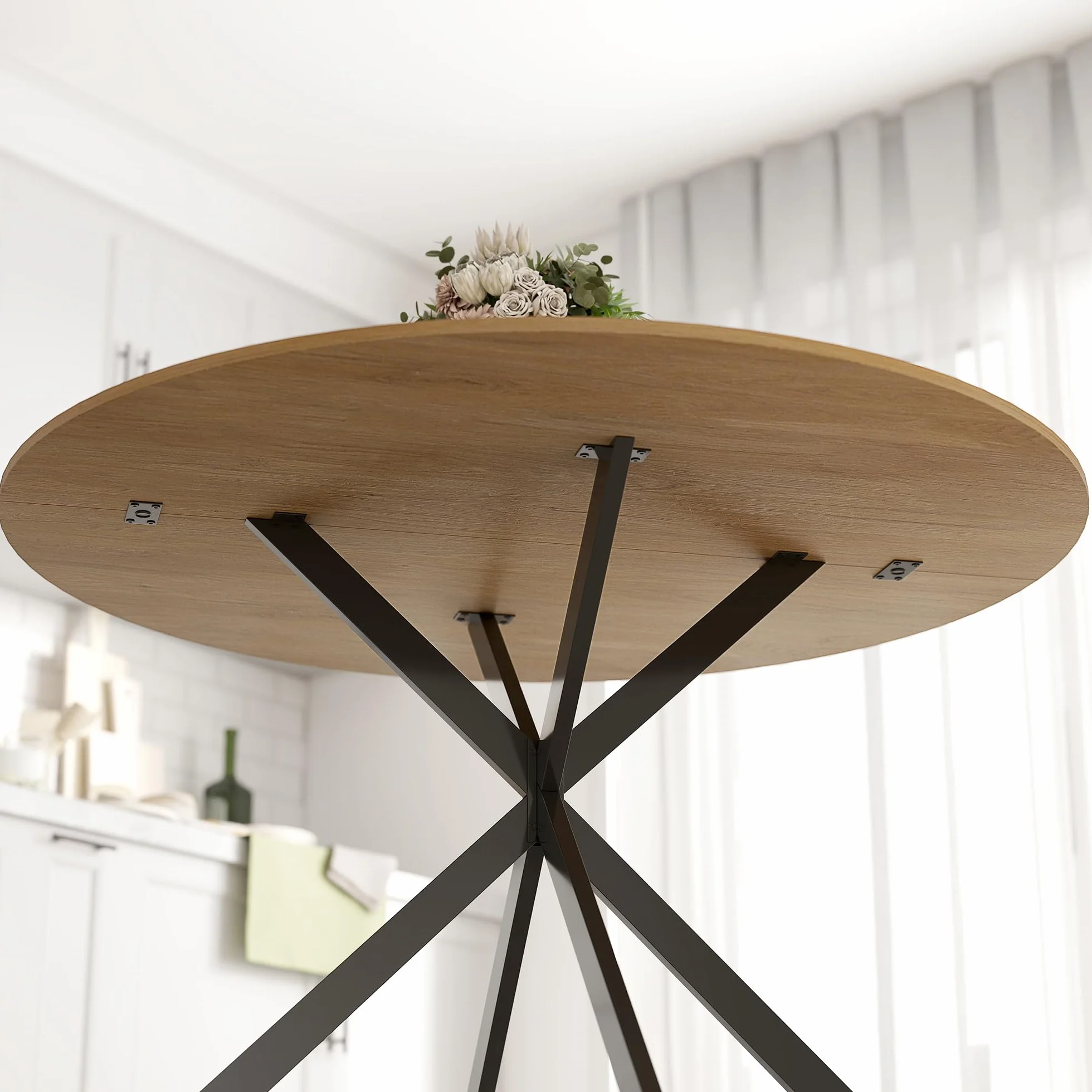 HOMCOM Mesa de Comedor Redonda para 4 Personas, Ø120x75 cm, Mesa de Cocina Industrial con Estructura de Acero, Roble