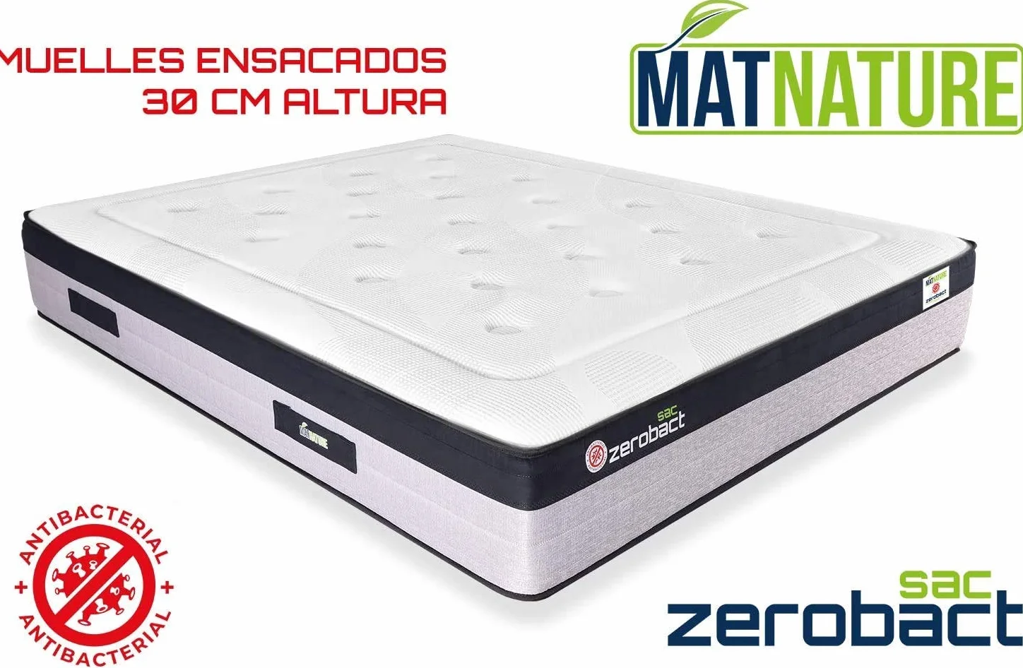 Colchón Viscoelástico Muelles Ensacados 135x190 cm Altura 30 cm Antideslizante Antibacterial
