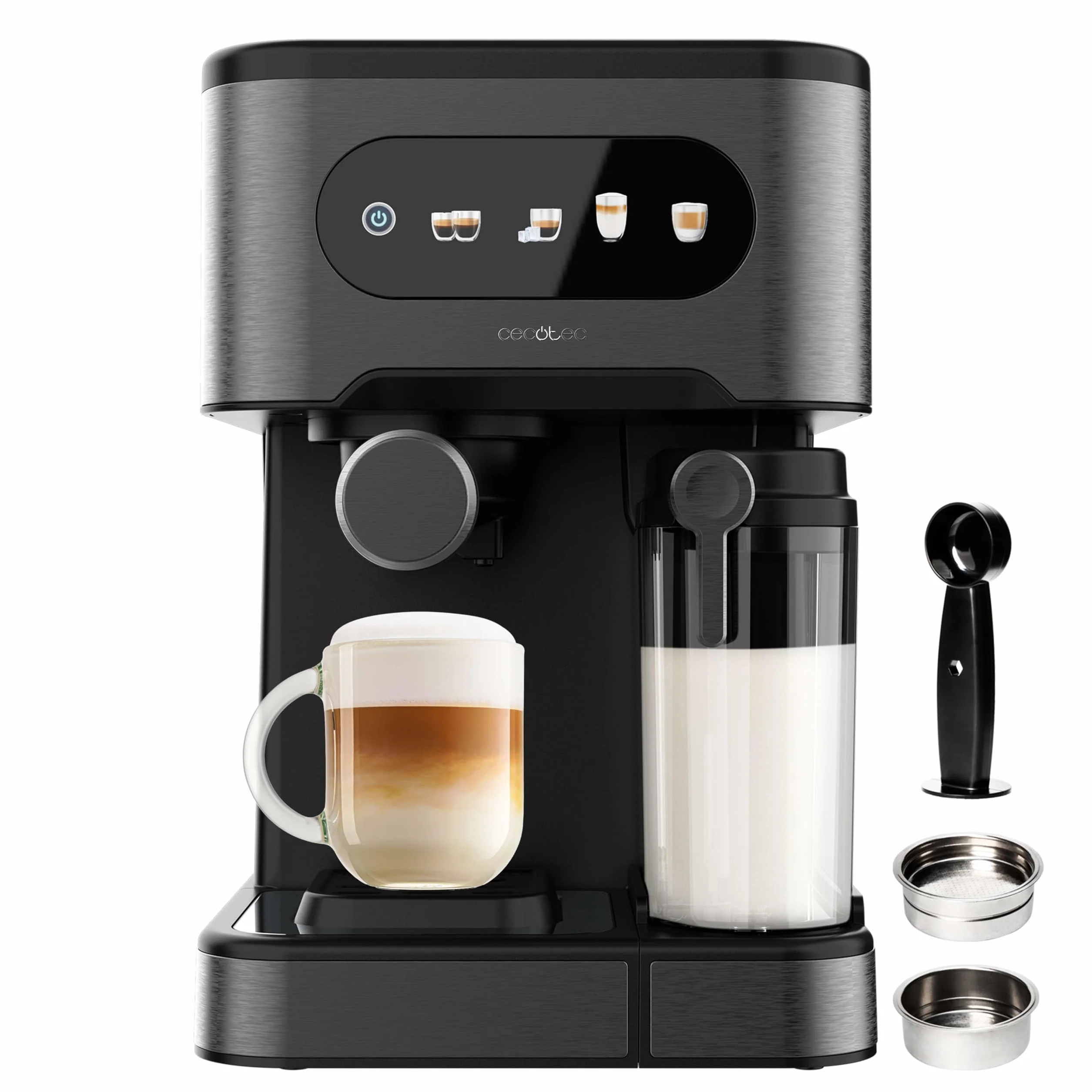 Cecotec Cafetera Express Semiautomáticas Power Espresso 20 ColdBrew Latte. 1350W, 20 Bares, Frío, Templado o Caliente, Pantalla Táctil, 1.5L Depósito Agua y 500ml Leche, Calientatazas, Doble Brazo