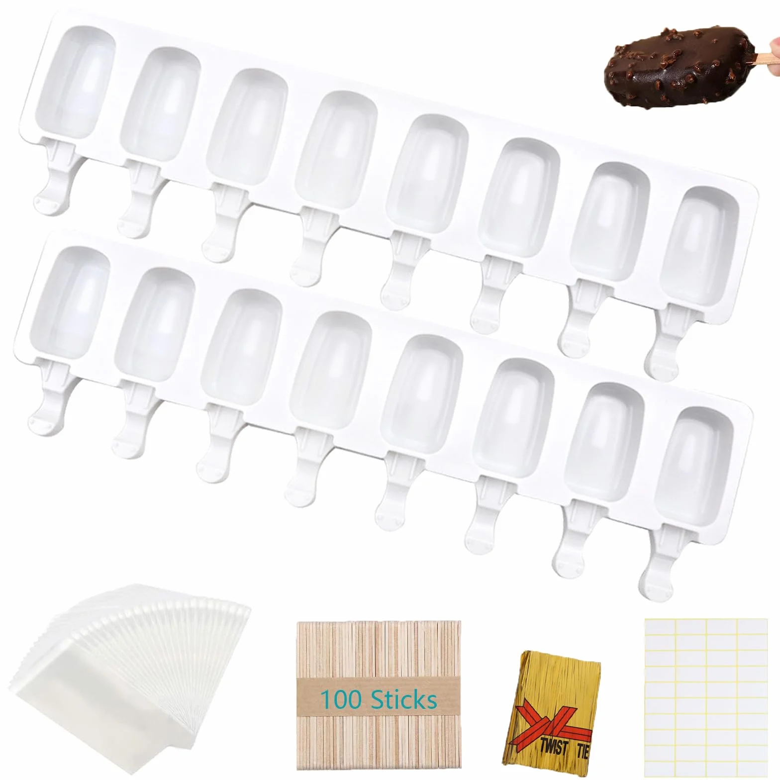 Moldes Grandes Silicona Helados con Tapa Juego Polos Magnum sin BPA 100 Palos Madera Bolsas OPP