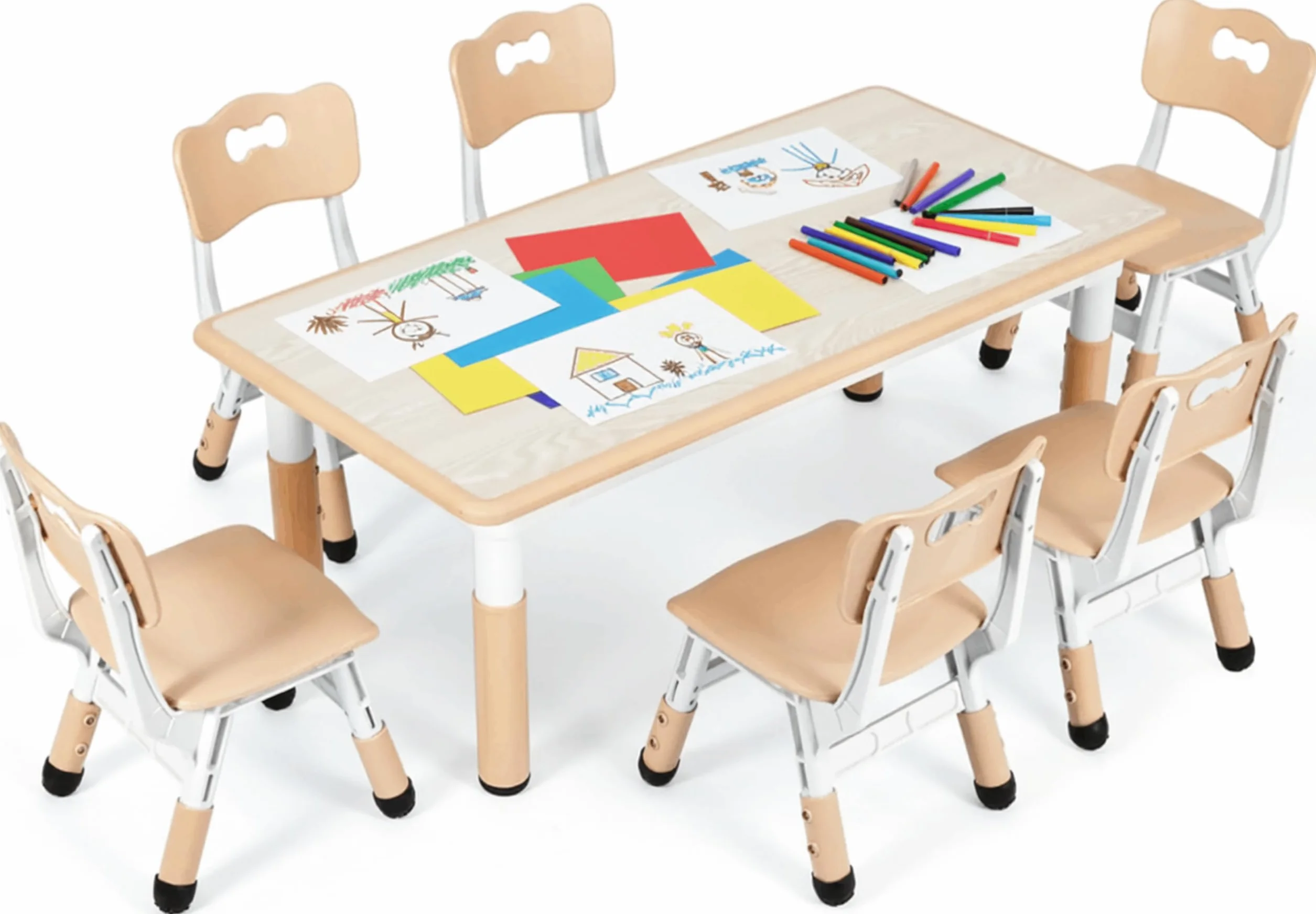 Mesa niños Infantil con 6 Sillas, Grupo de Mesa Infantil en Altura Ajustable, Juego de Sillas para Jardín de Infantes y Habitación, Grupo de Asientos para Niños y Niñas a Partir de 2 Años, Amarillo
