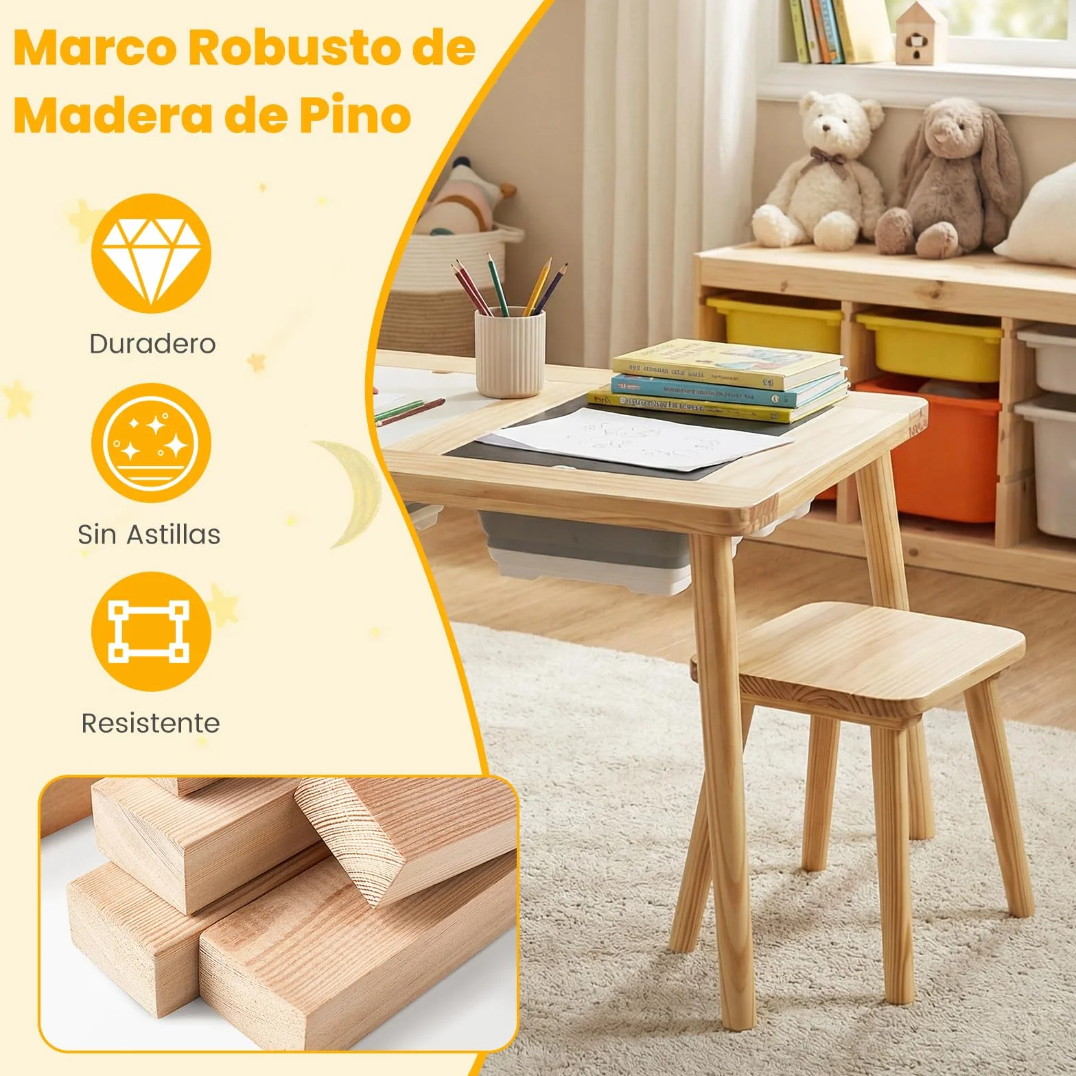 COSTWAY Mesa Sensorial Montessori con 2 Taburetes, Sillas Niños Superficies Doble Faz Desmontables, Cubetas Almacenamiento, Patas Madera Pino
