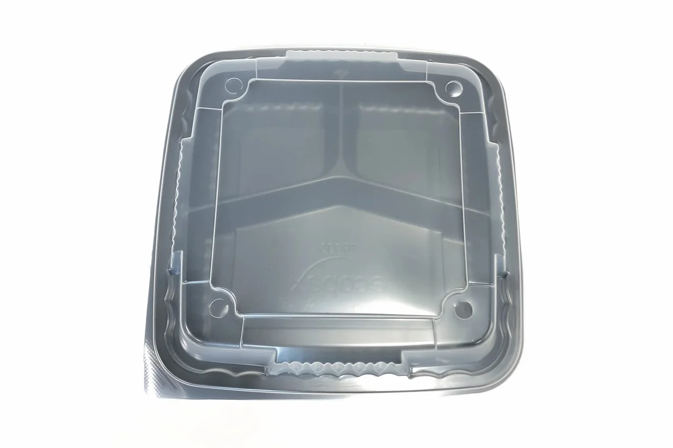 Bandeja de 3 compartimentos con tapa translúcida ventilada. Paquete combinado (bandeja y tapa). 75 bandejas y 75 tapas. Pebble (3 compartimentos)