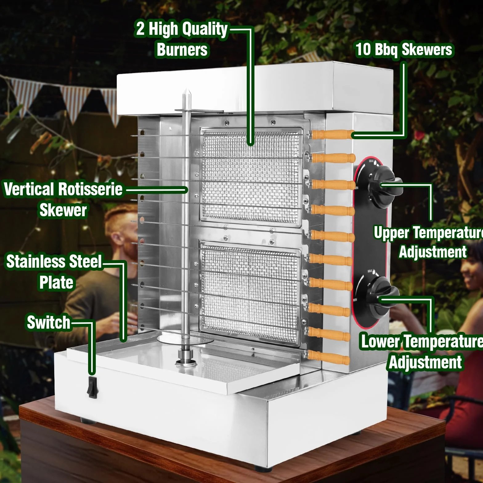 Máquina de Parrilla Shawarma Profesional 2 Quemadores, Asador para Kebabs y Tacos Al Pastor, Incluye 10 Pinchos de Acero Inoxidable