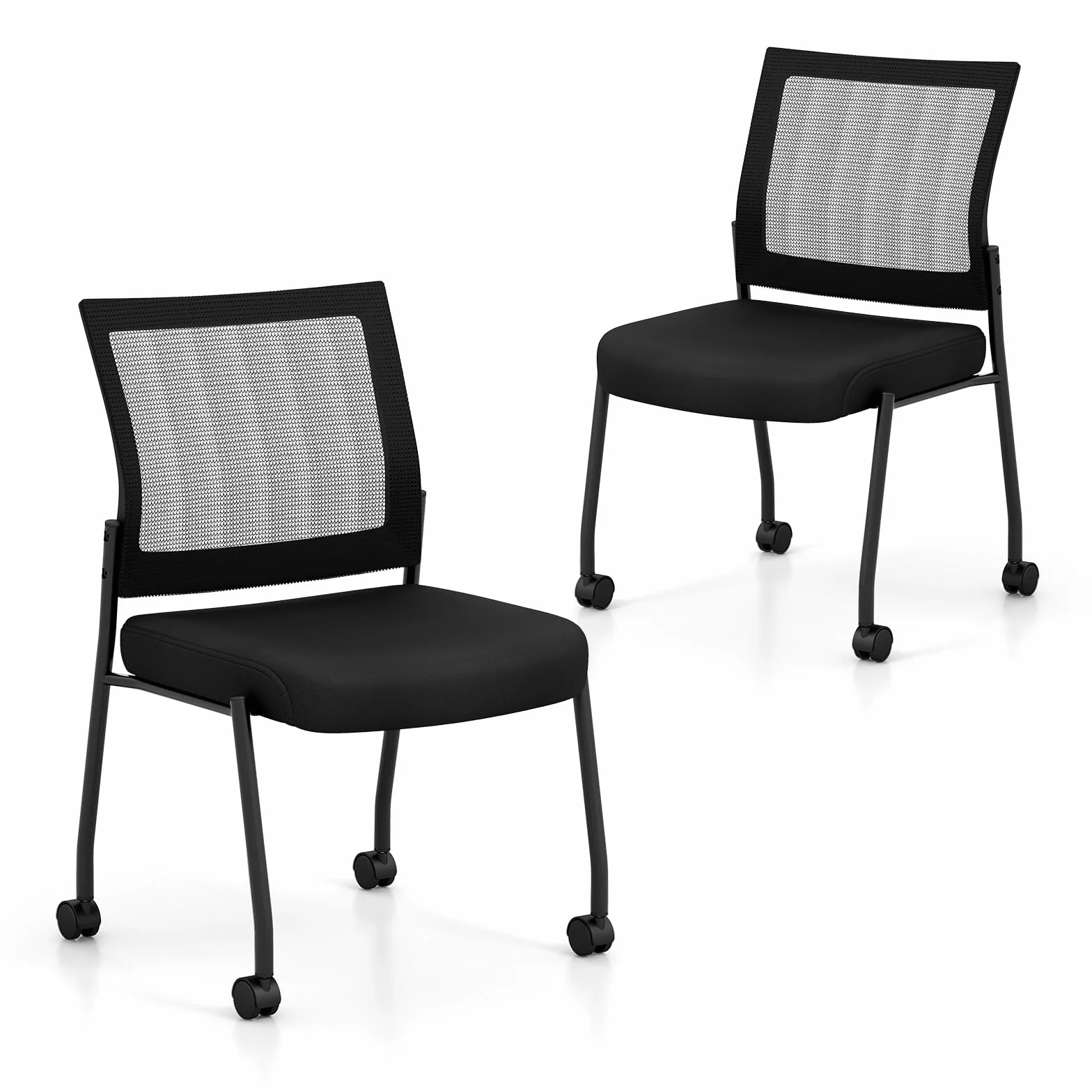 HOMASIS Juego de 2 sillas de Conferencia con Ruedas, Silla de Visita apilable con Rejilla, Silla de Oficina ergonómica con Respaldo, Silla apilable para Oficina, Conferencia, Negro (Sin reposabrazos)