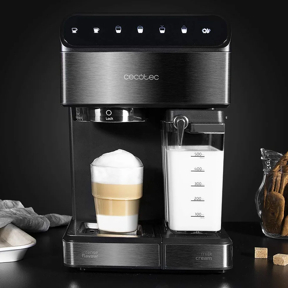 Cecotec Cafetera Semiautomatica Power Instant-ccino 20 Touch Serie Nera. 1350 W, 20 Bares de Presión, Tanque de Leche de 500ml, Control Táctil, Depósito de 1,4 Litros, Acabados Acero Inox