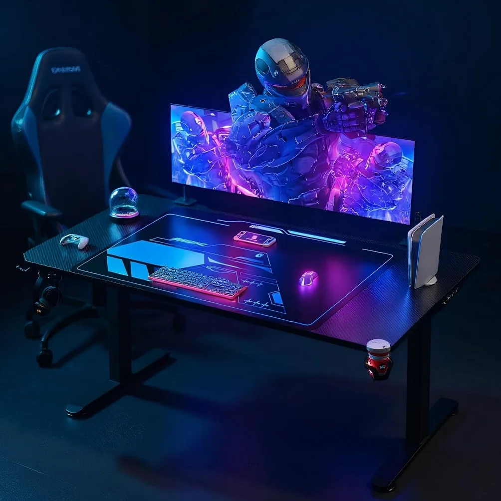 Himimi Mesa Gaming,Escritorio Gaming de Ergonómica, Escritorio Gamer de Fibra de Carbono, Escritorio de Juego con Alfombrilla de Ratón, Portavasos y Gancho para Auriculares,Negro （180x70x80 cm ）