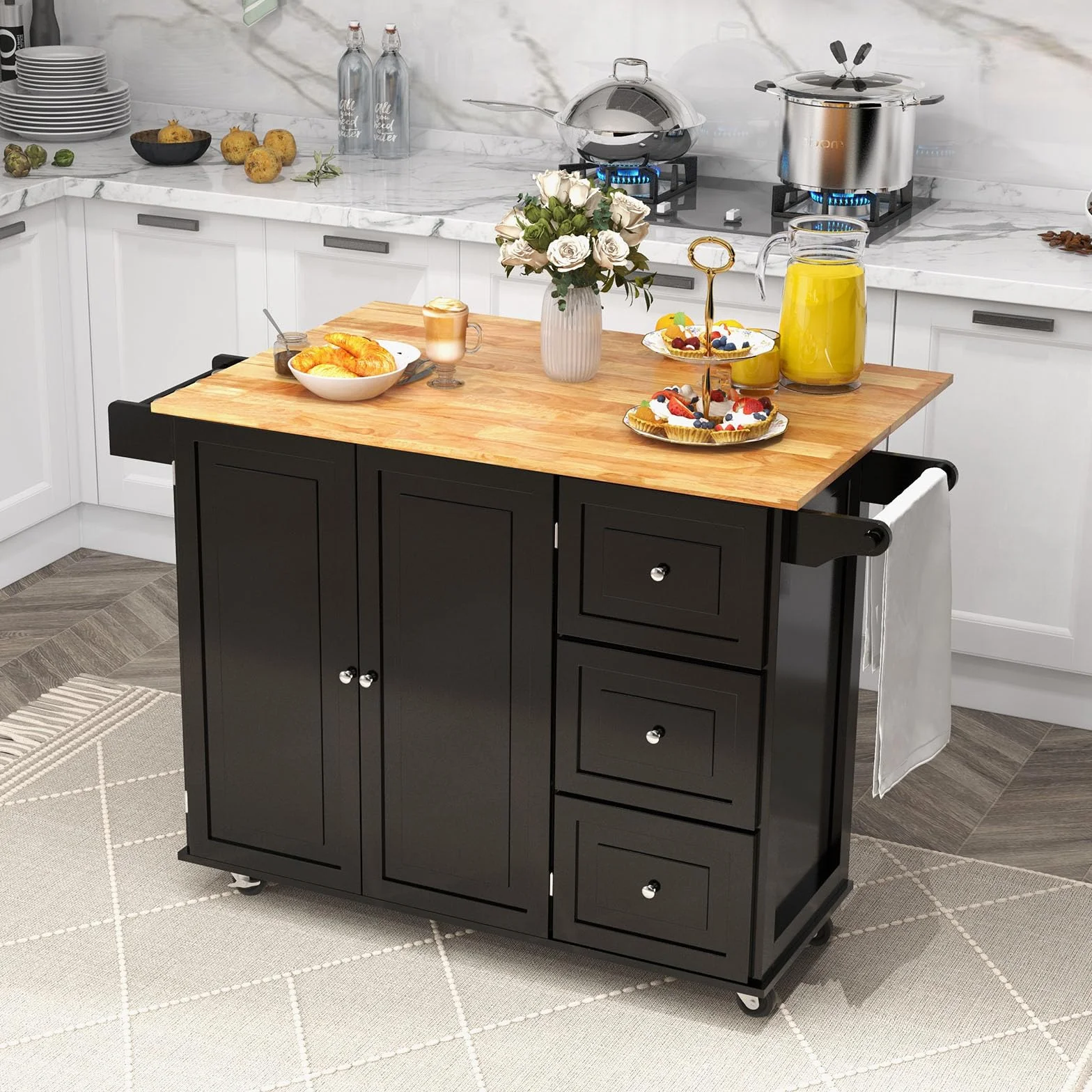 KOMFOTTEU Carro de Cocina con Encimera Plegable, Isla de Cocina con Ruedas, Carro de Servicio con Armario con Puertas y 3 Cajones, Mueble de Almacenamiento con Estantes Ajustables (Negro)