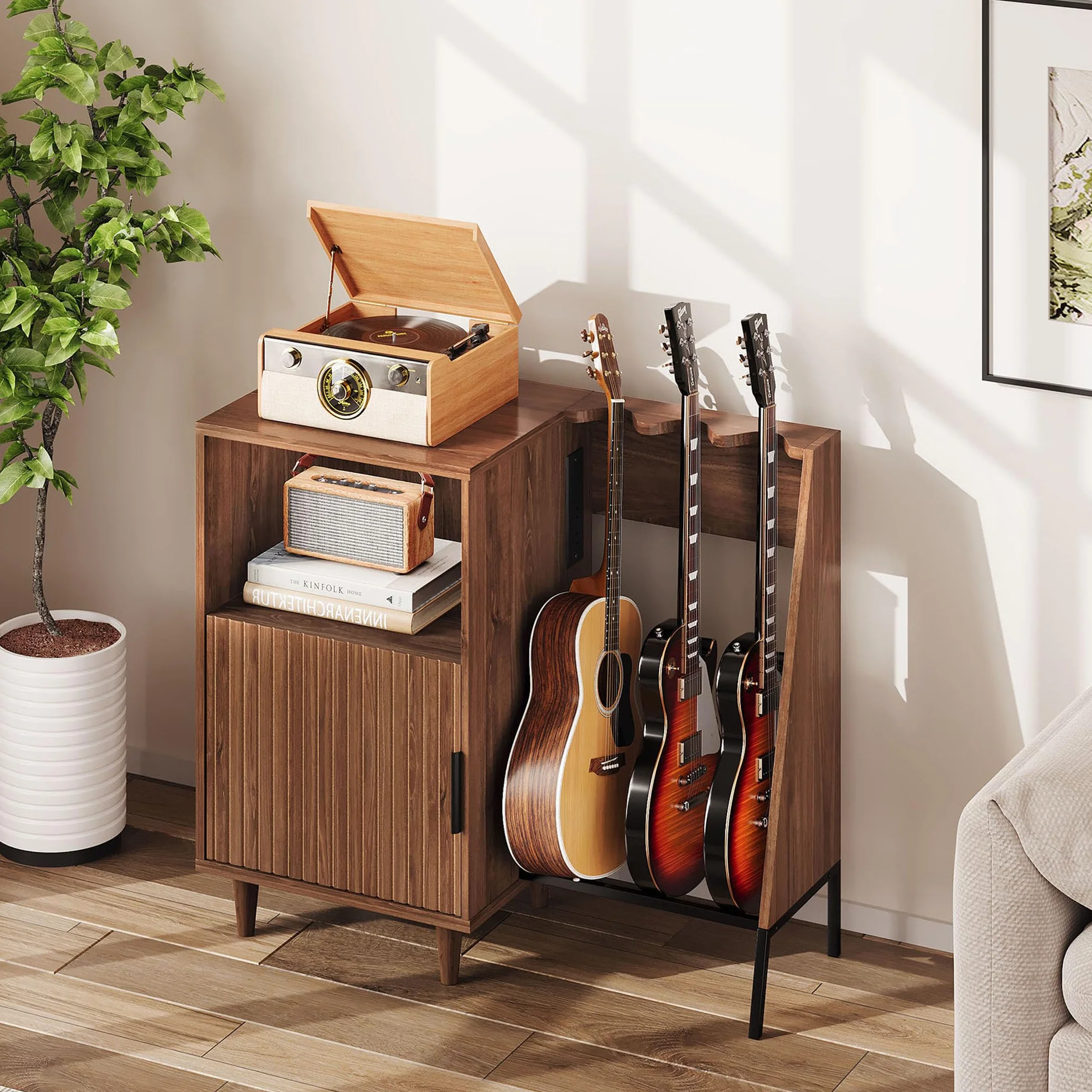 Mueble para Tocadiscos y Vinilos de Madera Vintage Mid-Century con Soporte para 3 Guitarras