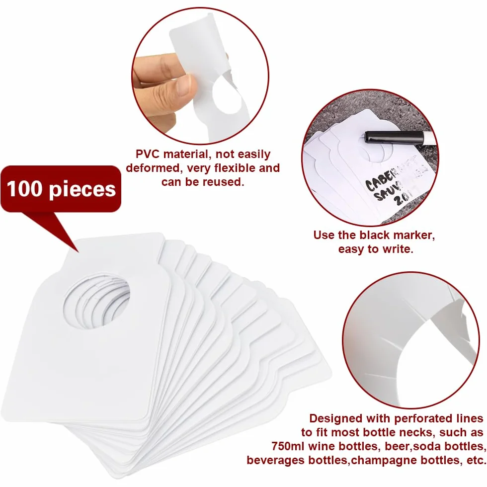 Etiquetas Plásticas para Botellas de Vino Champagne Cerveza 100 Pcs 2,8cm