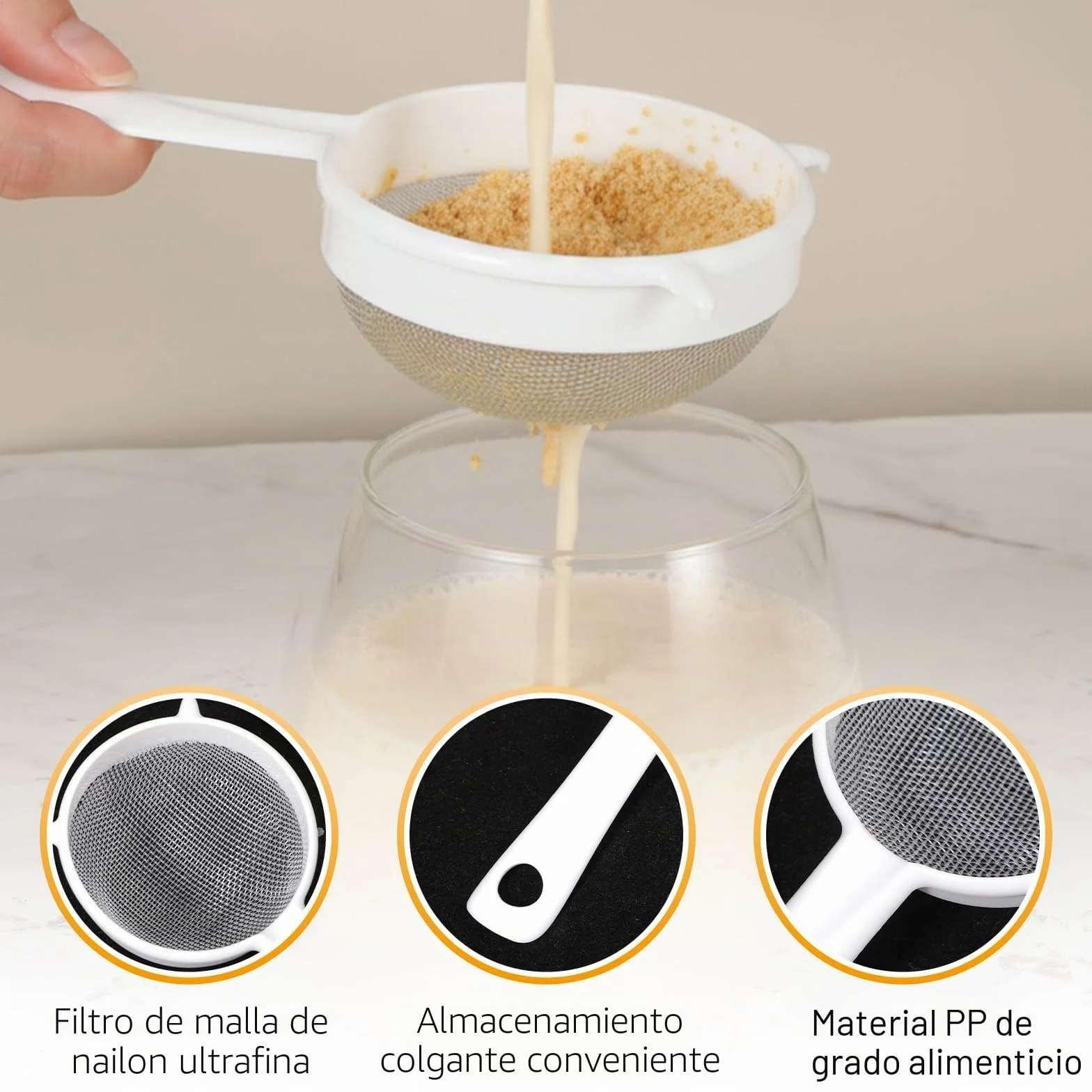 Andibro Juego de 3 Coladores de Malla de Plástico, Tamiz Fino con Mango para Cocina