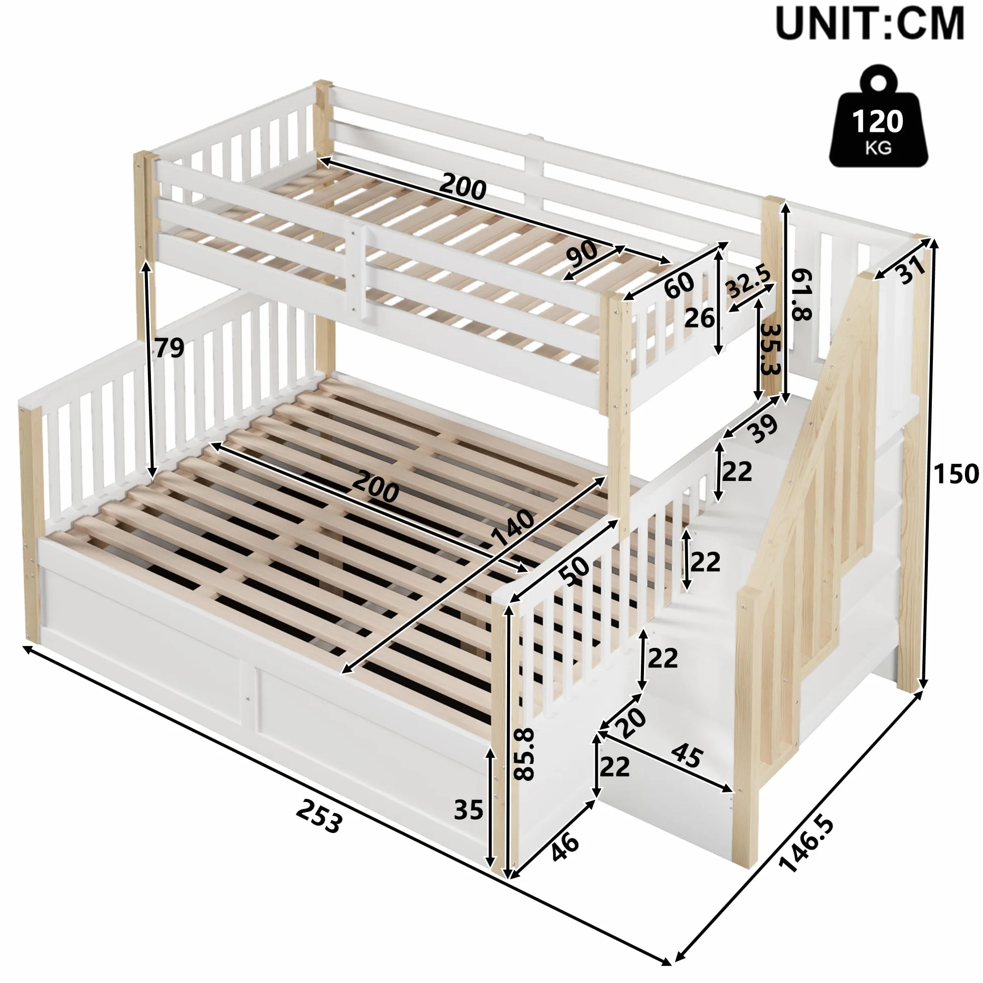 Litera 90(140) x200 cm con Almacenamiento Hidráulico y Escalera Almacenaje, Cama Litera Matrimonio para 2 Personas, Cama Infantil con Barandilla Anticaída y Lamas, Sin Colchón, Blanco+Natural