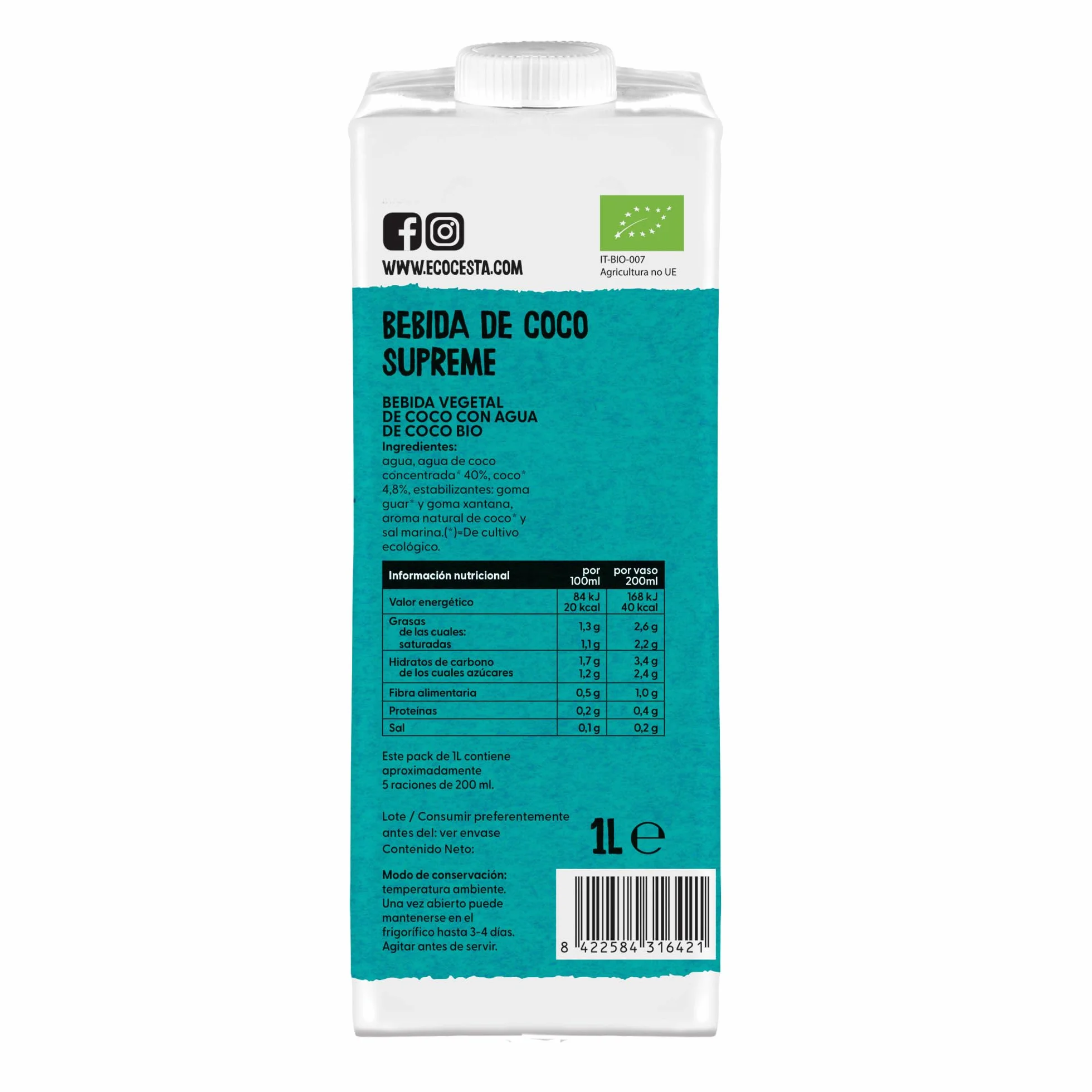 Bebida Ecológica Vegetal de Coco Supreme Pack 6 x 1 L Sin Azúcar Añadido Sin Gluten Vegano