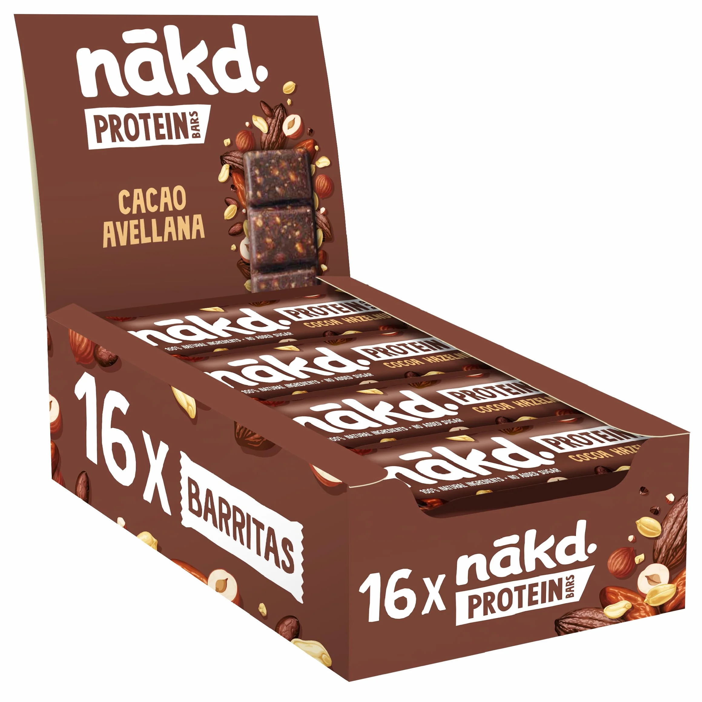 Nākd. Protein Cacao Avellana Barritas Proteícas 7g Proteína Vegetal 100% Natural Sin Azúcar Vegano 16 x 45g 720g