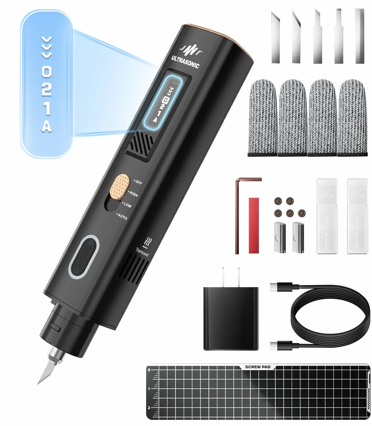 Cuchillo cortador ultrasónico de 40 kHz: cuchillo ultrasónico de mano de 35 W con 50 cuchillas de repuesto y visualización OLED, cuchillo sónico para modelos impresos en 3D, plástico