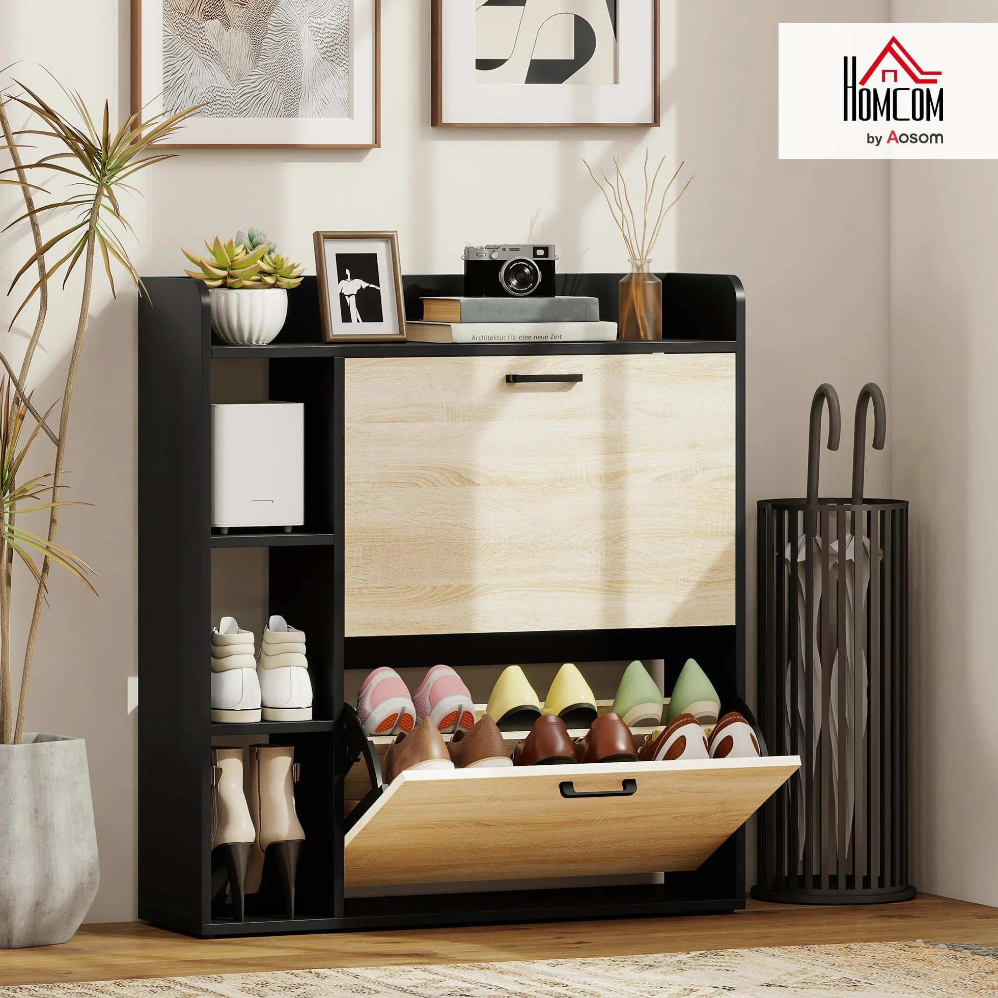 HOMCOM Zapatero Estrecho 2 Puertas, Zapatero Entrada Recibidor con 3 Estantes Laterales y Estantes Ajustables, para 15 Pares de Zapatos, para Pasillo, Espacio Reducido, 83x24x90,5 cm, Natural y Negro