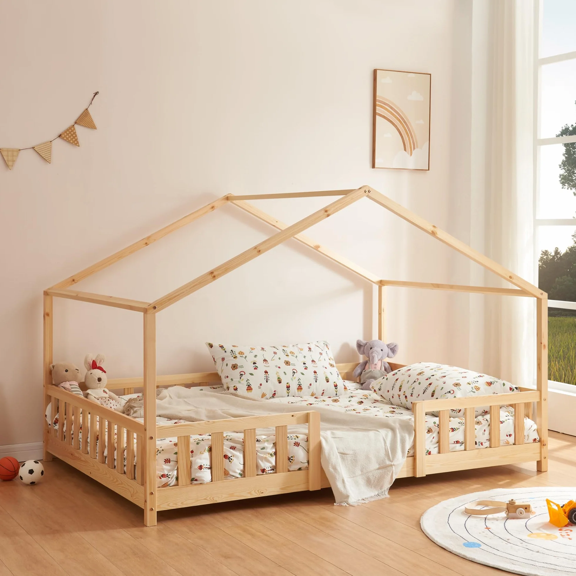 [en.casa] Cama para niños Casita Treviolo hasta 120 kg Cama Infantil con Reja Protectora Forma de casa de Madera Pino 120 x 200 cm - Pino Natural