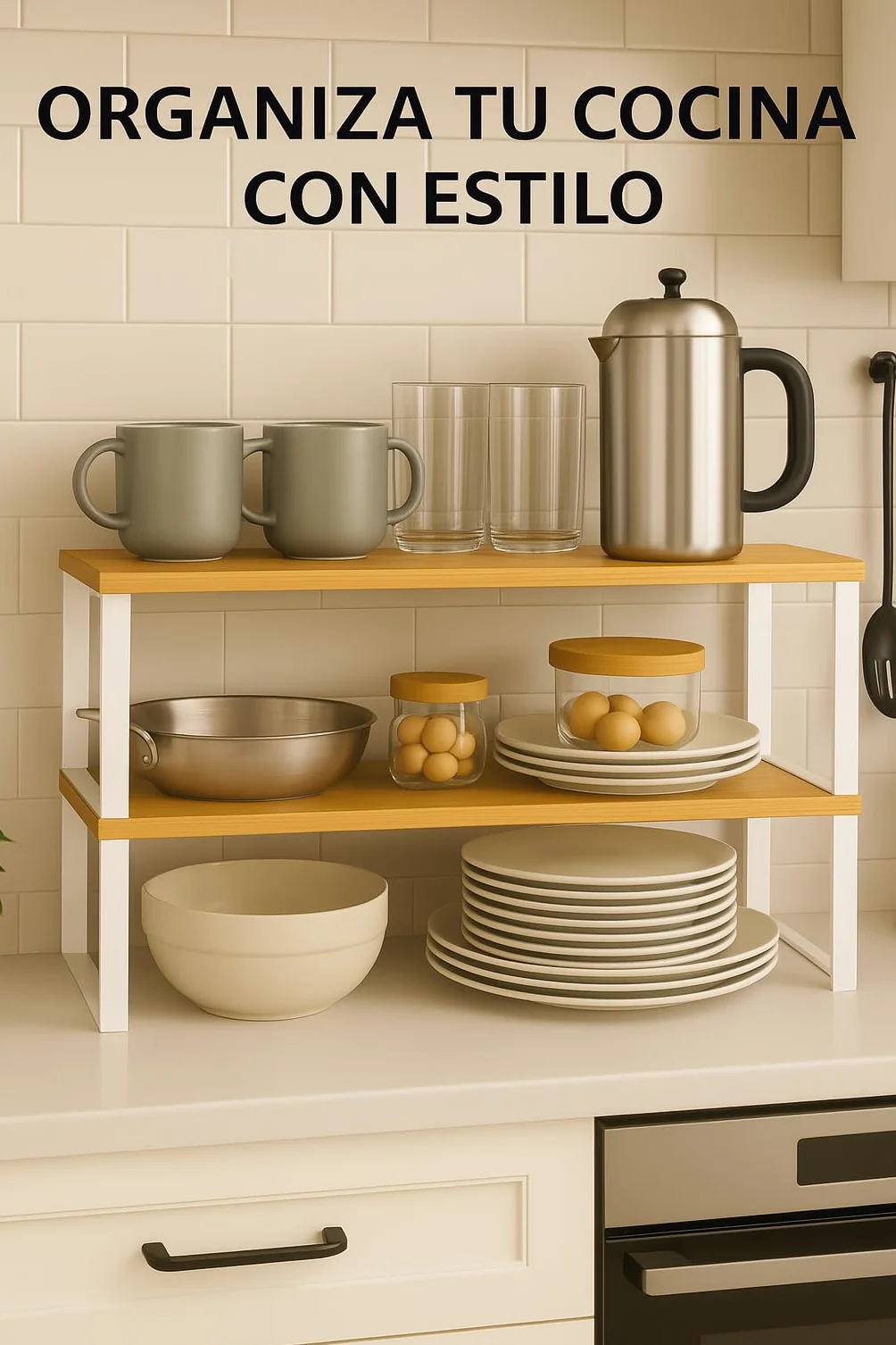 Estante de Cocina Organizador, Juego de 2, Soporte Apilable de Armario y Encimera, Estantería de Almacenamiento de Metal y Madera Técnica, Blanco