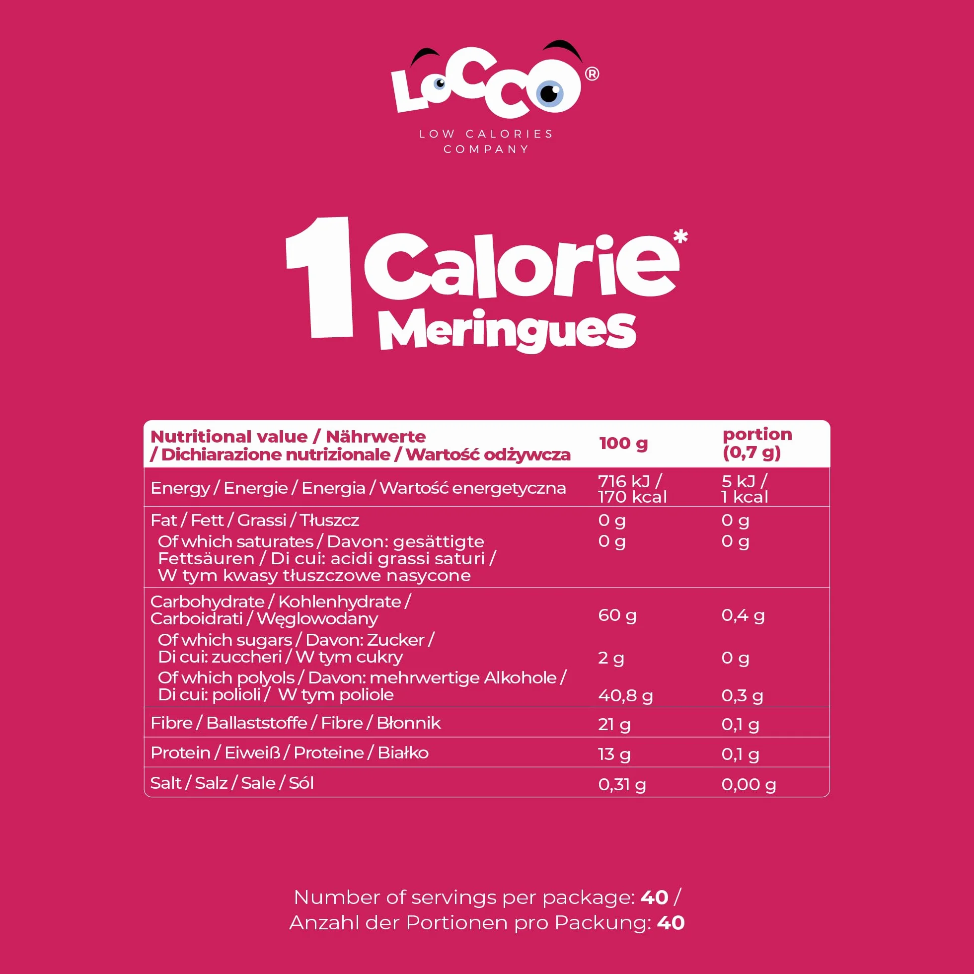 LoCCo Merengues Sin Azúcar Frambuesa Snack Keto Bajo en Calorías con Stevia Low Carb Rico en Proteínas y Fibra