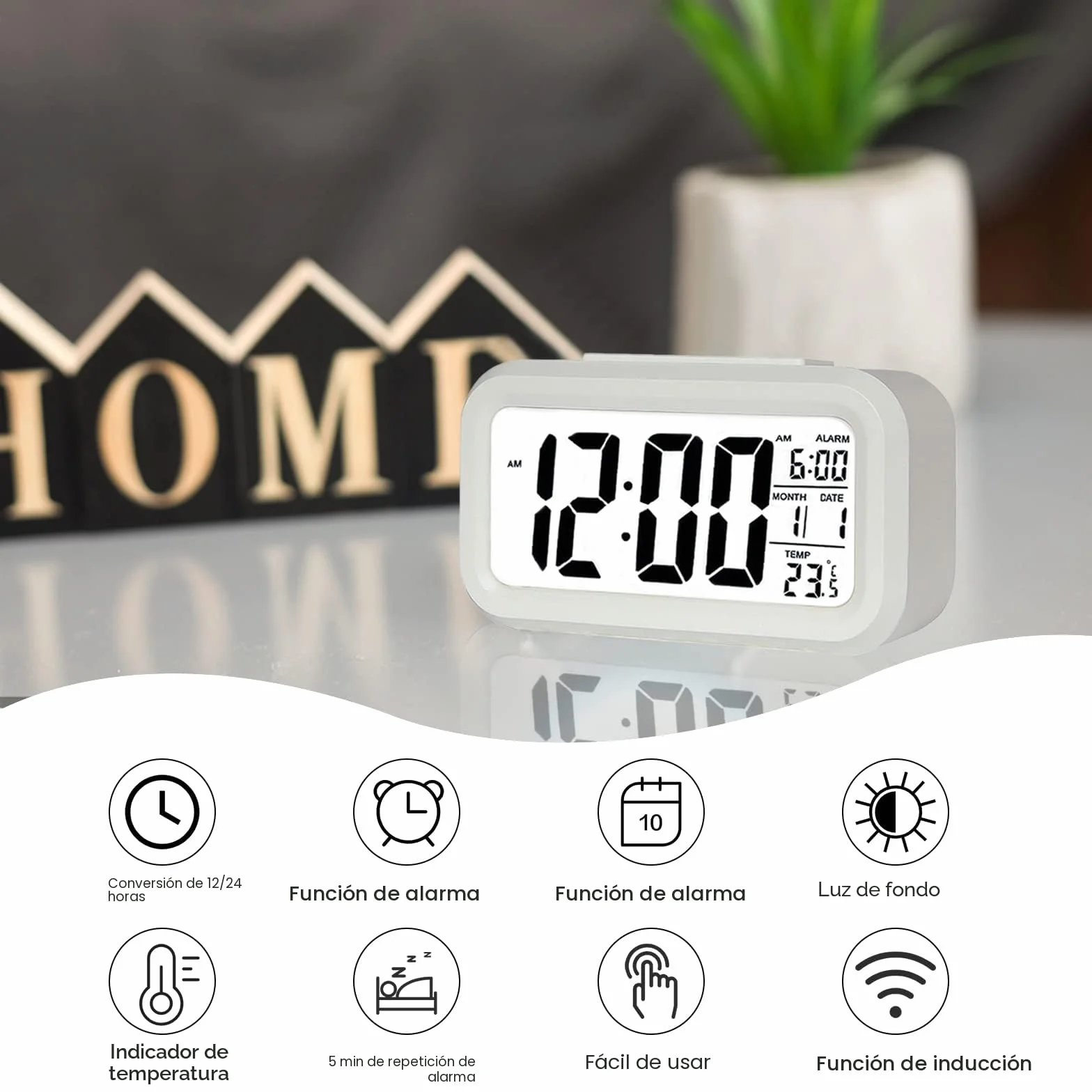 Reloj Despertador Digital, Jsdoin LED Pantalla Reloj Alarma Inteligente con Temperatura, Sensor de Brillo, 12/24 Horas, Función Snooze y Alarma para Dormitorio, Hogar, Oficina, Cocina(Batería)