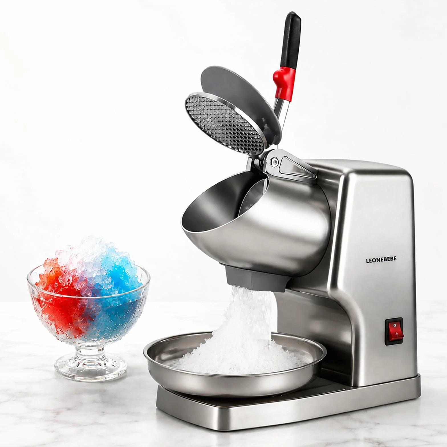 Picadores de hielo eléctricos, máquina para hacer conos de nieve para uso doméstico y comercial, mejora la salida de hielo de 16cm pulgadas de altura, cuchillas dobles, 65kg/h, 300 W/2000 RPM, plata