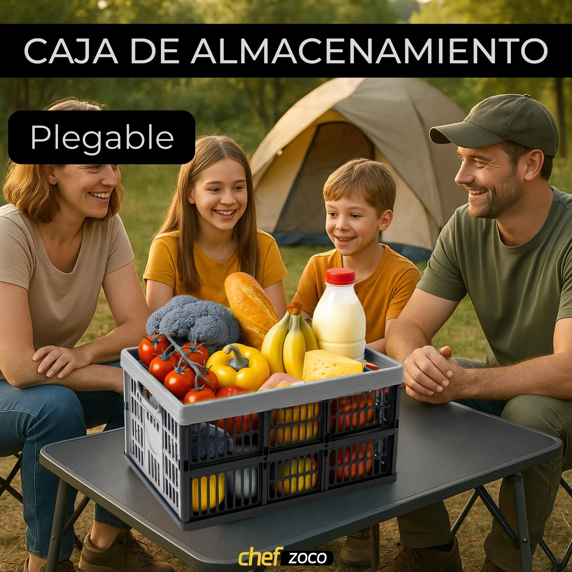 CHEFZOCO Caja Plegable con Asas, Caja plástico para Camping, Organizador para almacenaje, 48 cm Largo x 35 cm Ancho x 23 cm Alto, Capacidad 32 litros, Con asas laterales, Carga máxima de 18 Kg