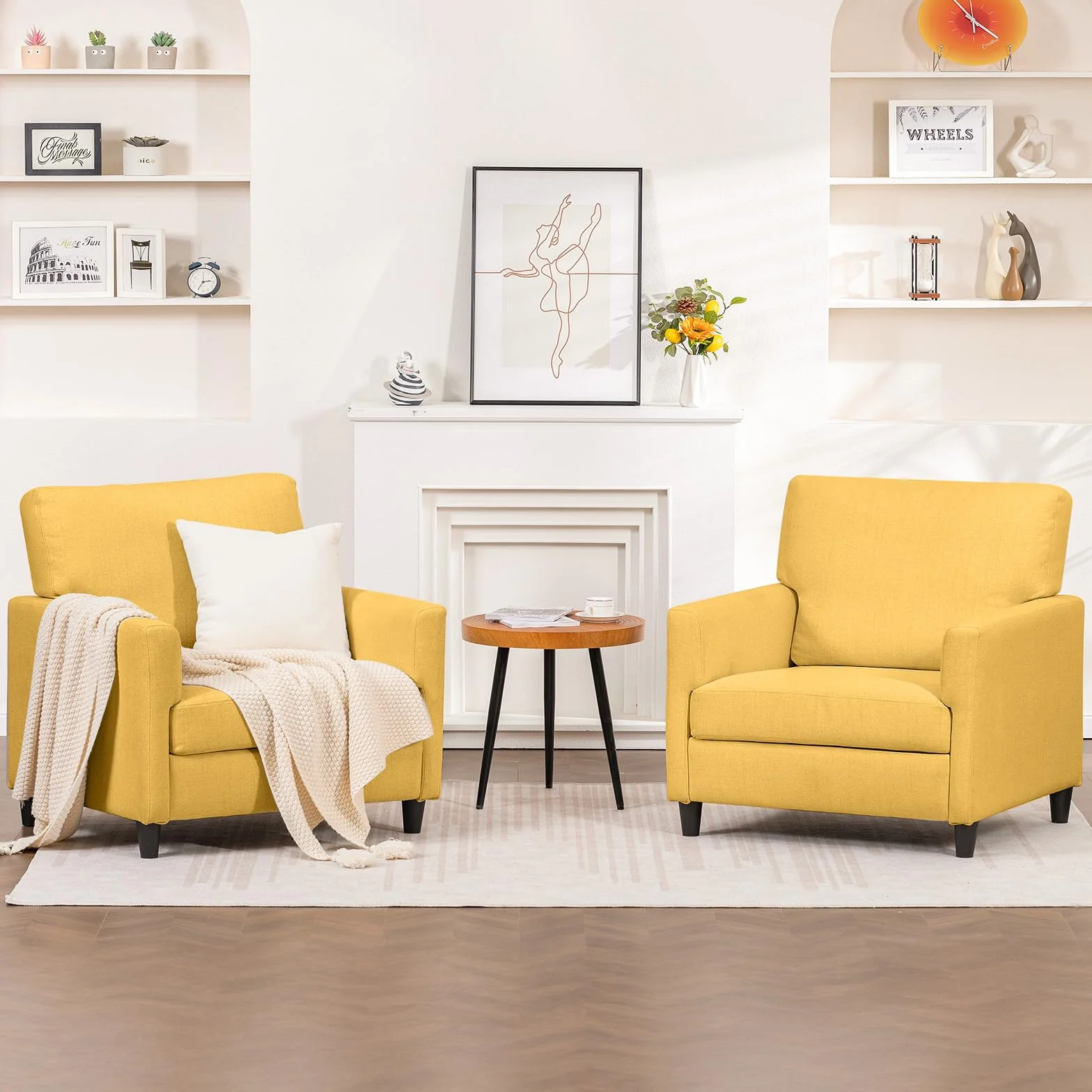 COMHOMA Sillón Salón, Sillón Relax, Silla Larga, con Apoyabrazos y Espalda Gruesa, Asiento Acolchado, Bolsa de Resortes Individual, Salón, Dormitorio, Cine en casa, Lino, Amarillo