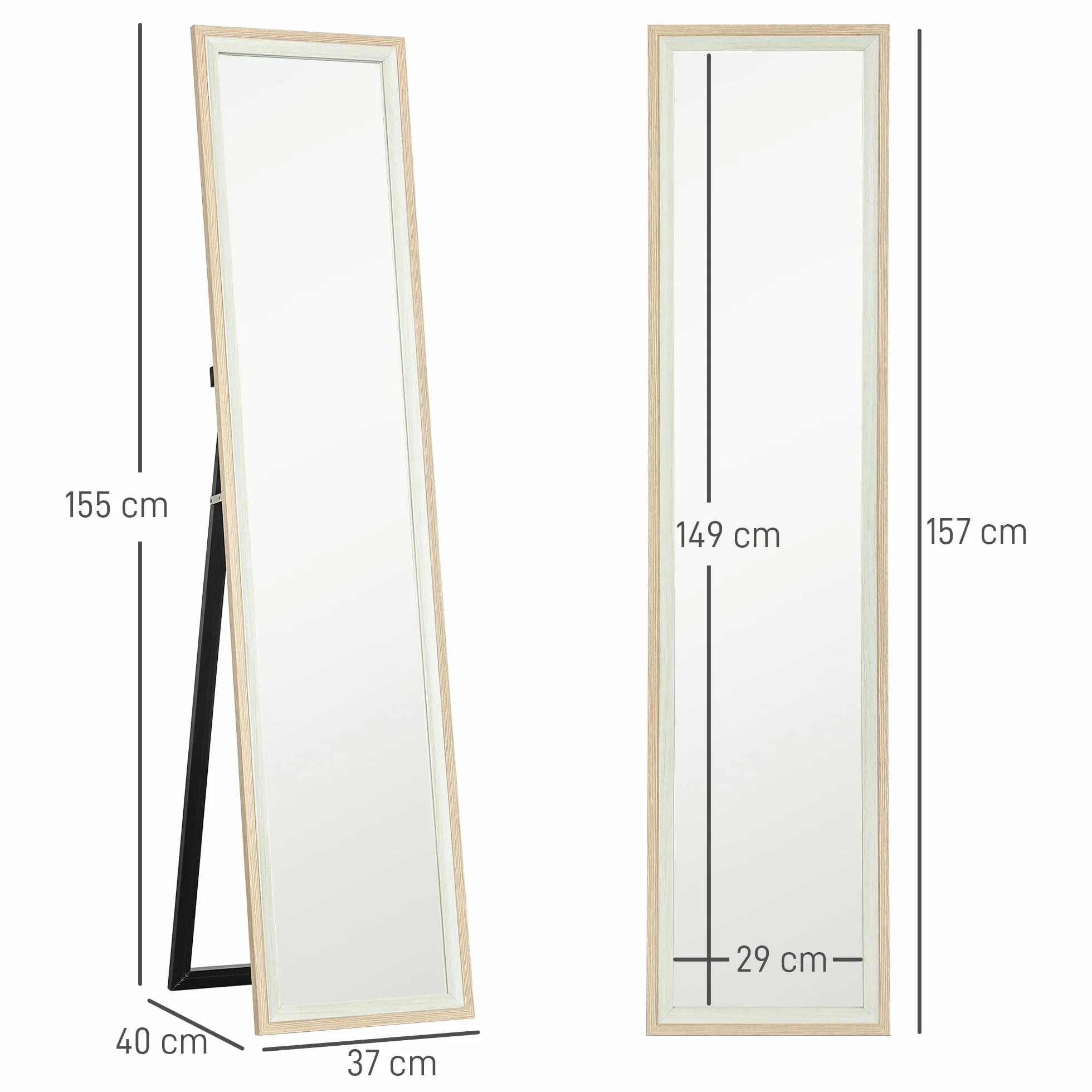 HOMCOM Espejo de Pie Cuerpo Entero 157x37 cm, Espejo Grande de Pared con Marco Bicolor, de Pie, Inclinado o Colgante, para Salón, Dormitorio, Pasillo, Entrada, Natural Claro y Blanco