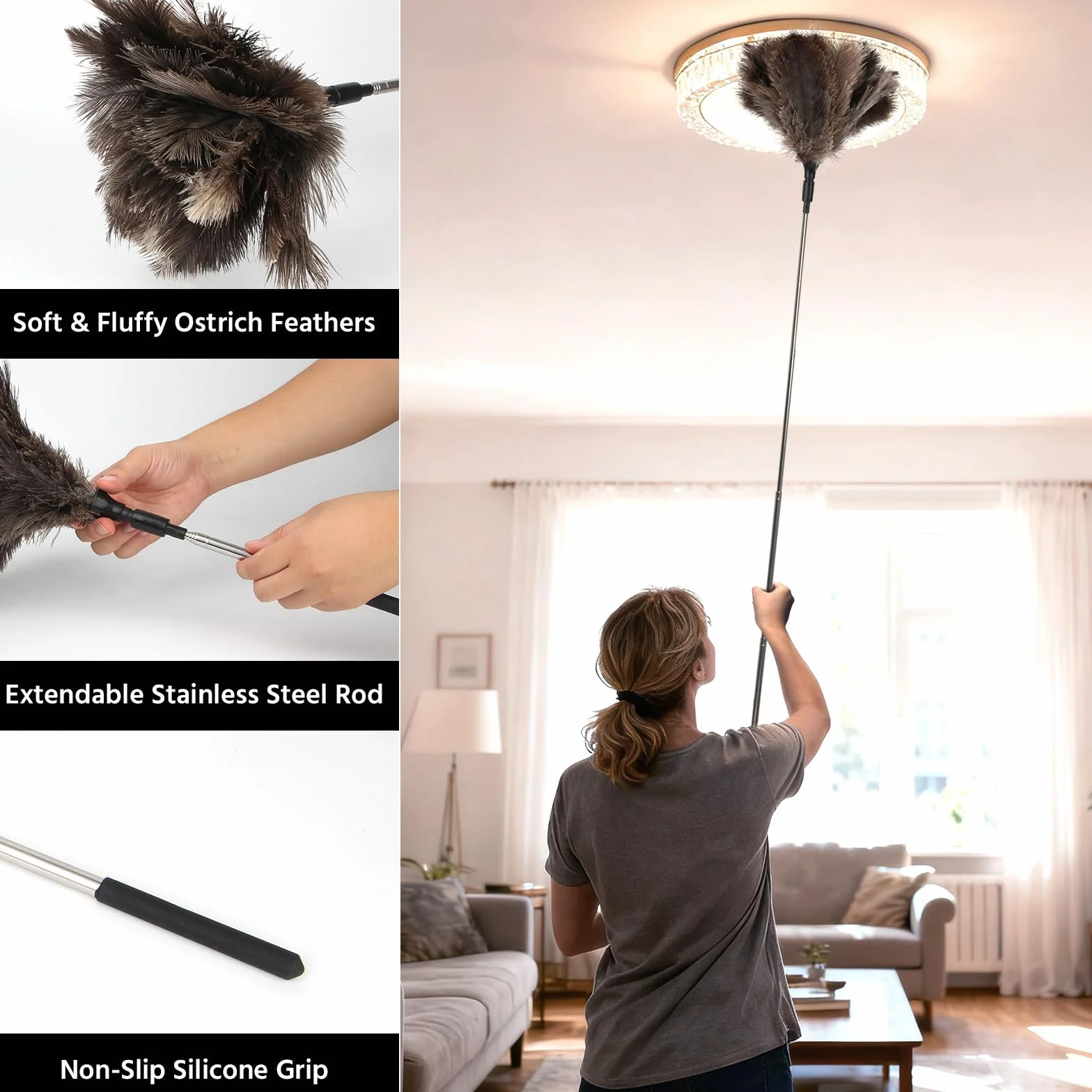 Plumero Atrapapolvo de Plumas de Avestruz - 18-120cm Plumero Telescopico Extensible, Plumeros Avestruz Lavable y Antiestático para Polvo, Telas de Araña, Techos, Muebles, Ventiladores, Coche